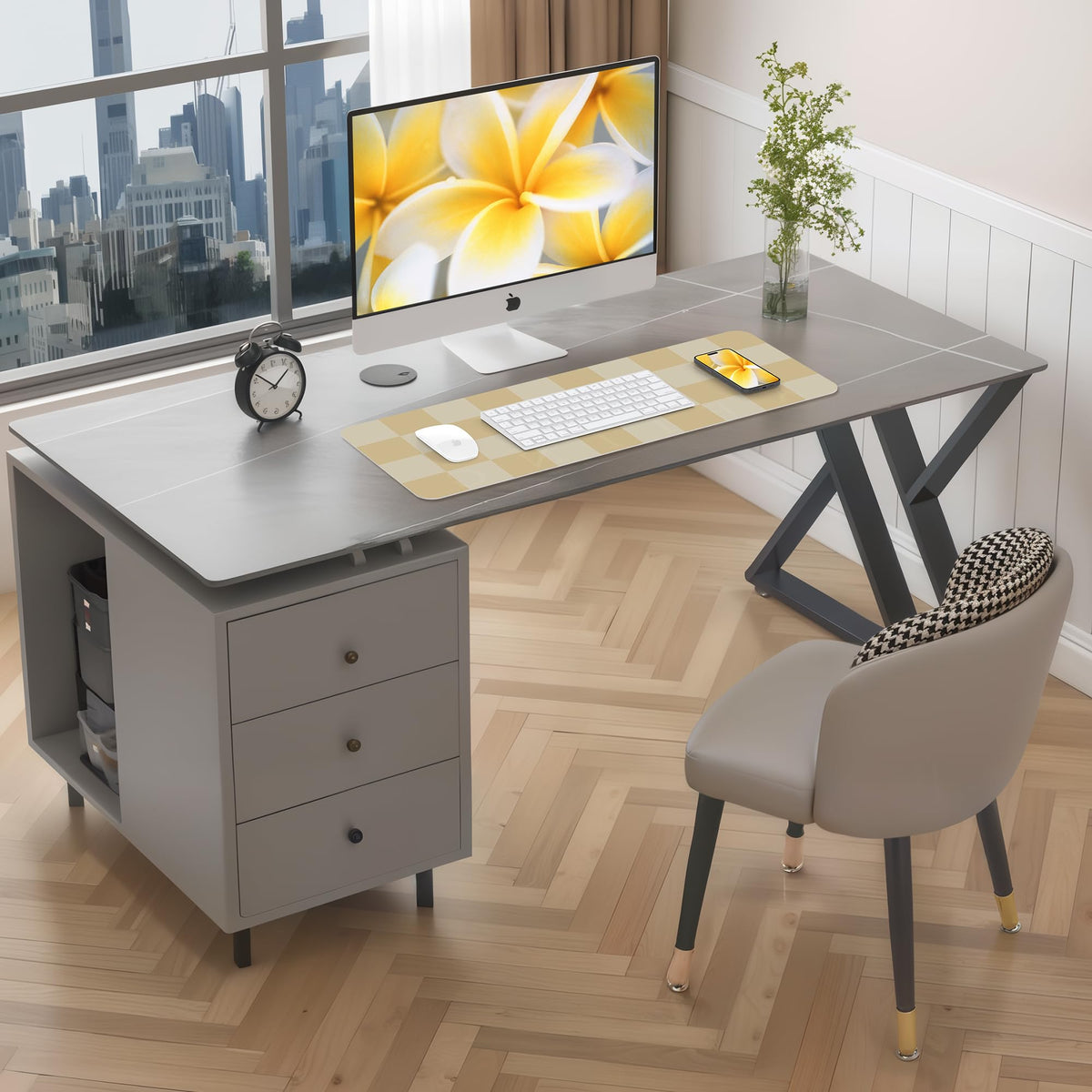 AFIING Leather Desk Mat, 31.5"x12", White Grey