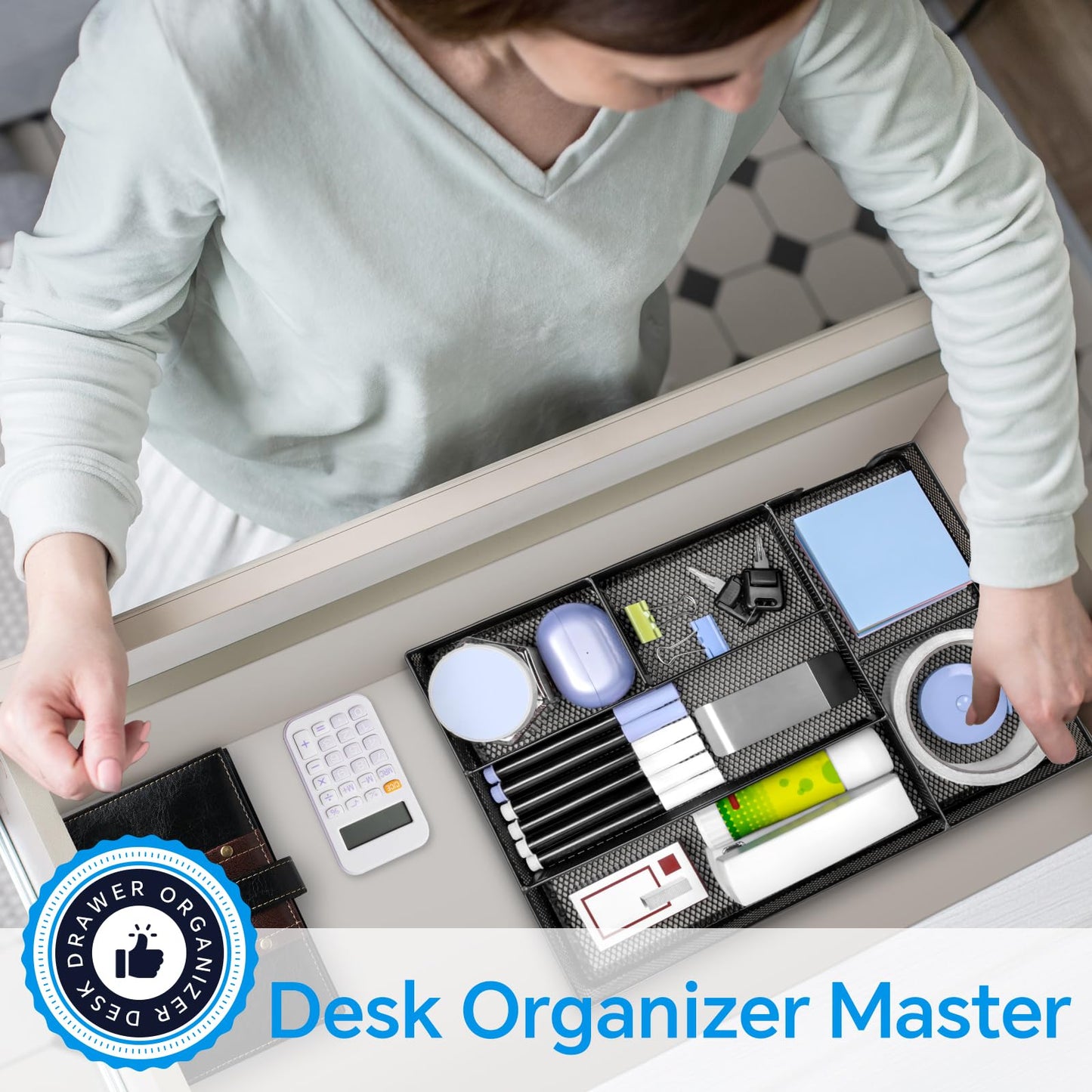 Desk Drawer Organizer, Office Drawer Divider Organizer Tray with 6 Compartments, Metal Mesh Desktop