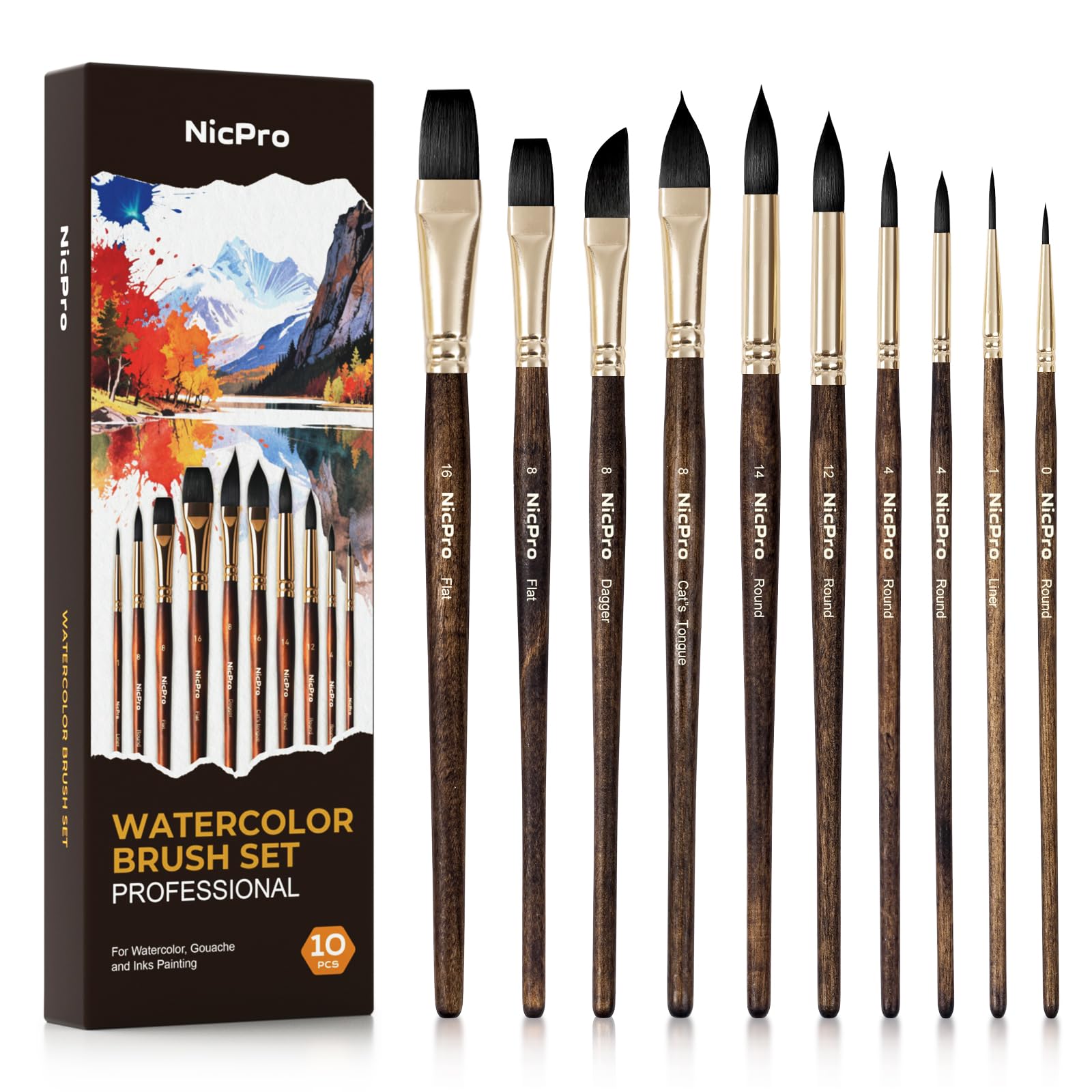 Nicpro Professional Watercolor Brushes Set Synthetic Squirrel Hair, 10 PCS
