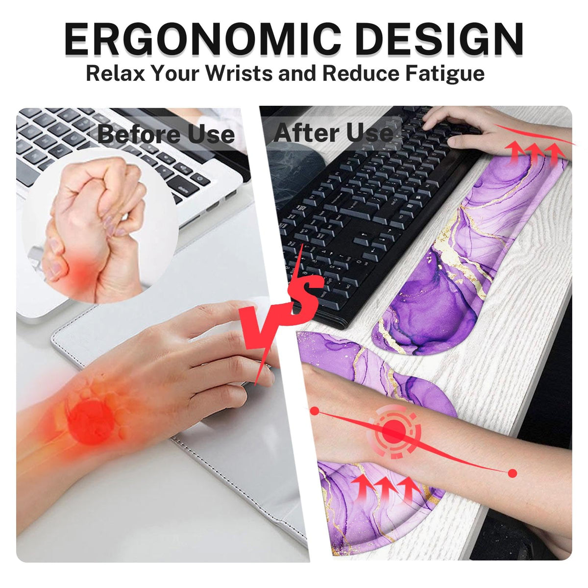 Britimes Ergonomic Mouse Pad Set with Wrist Rest, Purple Gold Marble