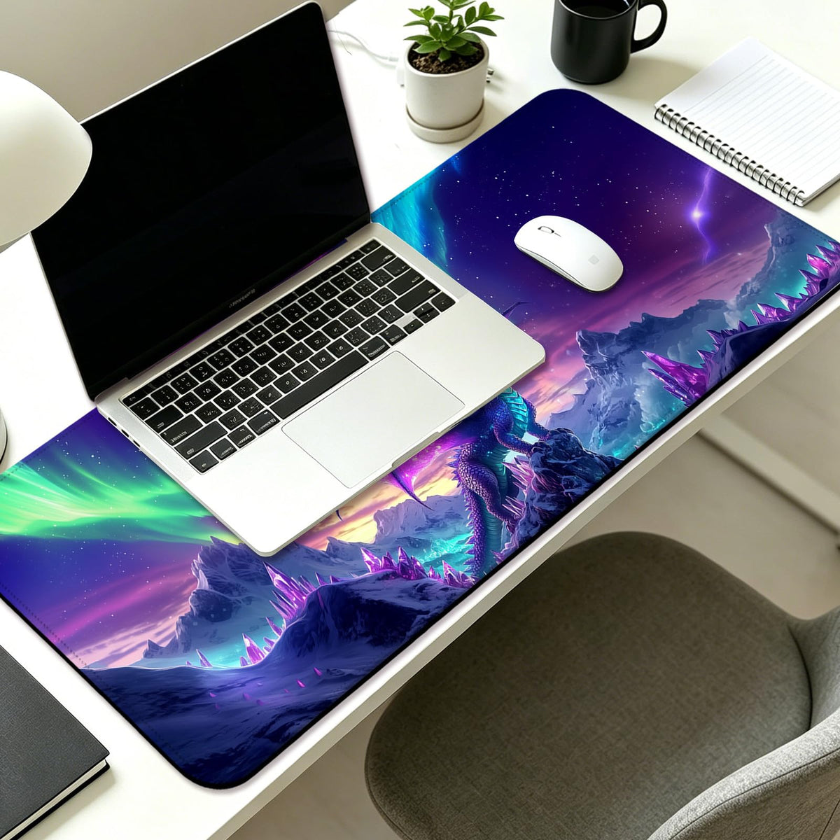 JIANG100 Fantasy Dragon Under Aurora Sky Gaming Desk Mat & Mouse Pad, XL
