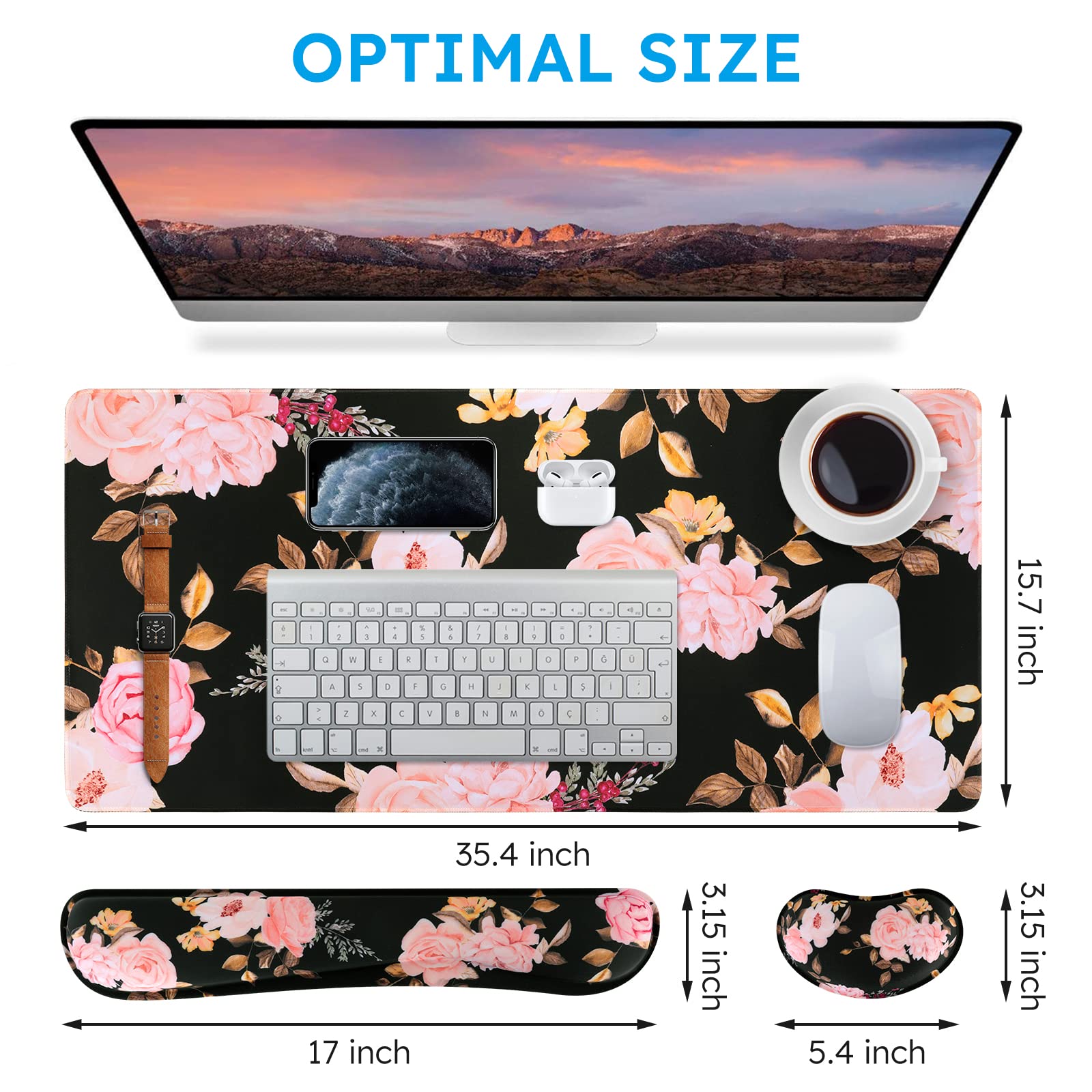 iCasso Floral Keyboard Mat 35.4"x15.7", Desk Blotter for Classroom