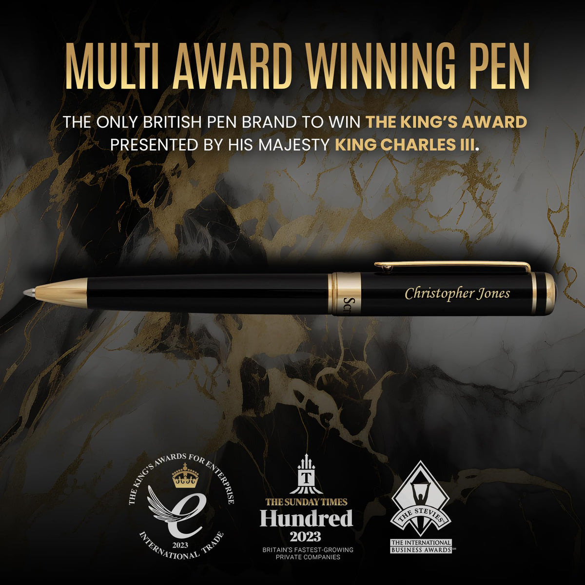 Scriveiner Personalized Black Ballpoint Pen - Stunning Luxury Pen, Jet Black Lacquer, Real Gold