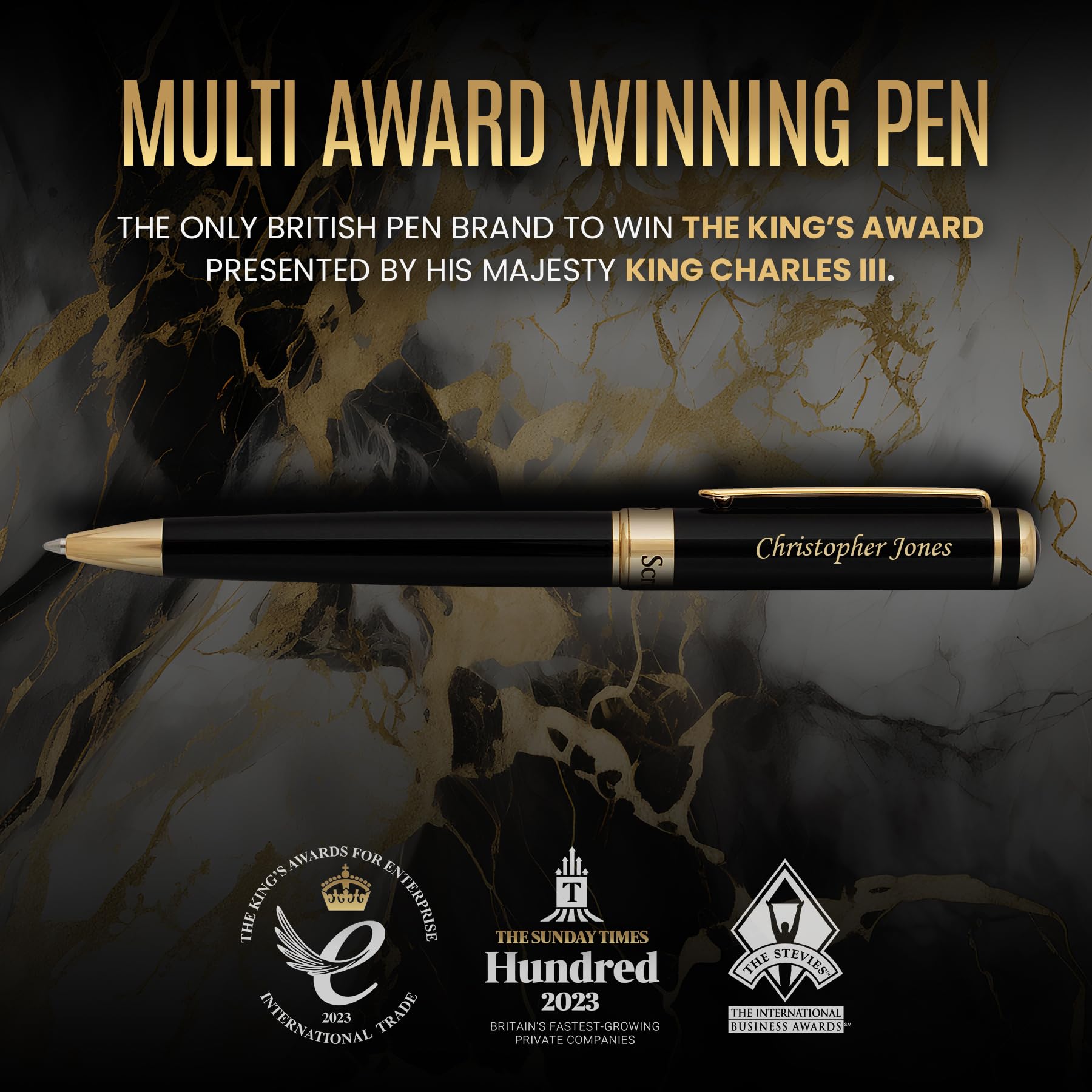 Scriveiner Personalized Black Ballpoint Pen - Stunning Luxury Pen, Jet Black Lacquer, Real Gold