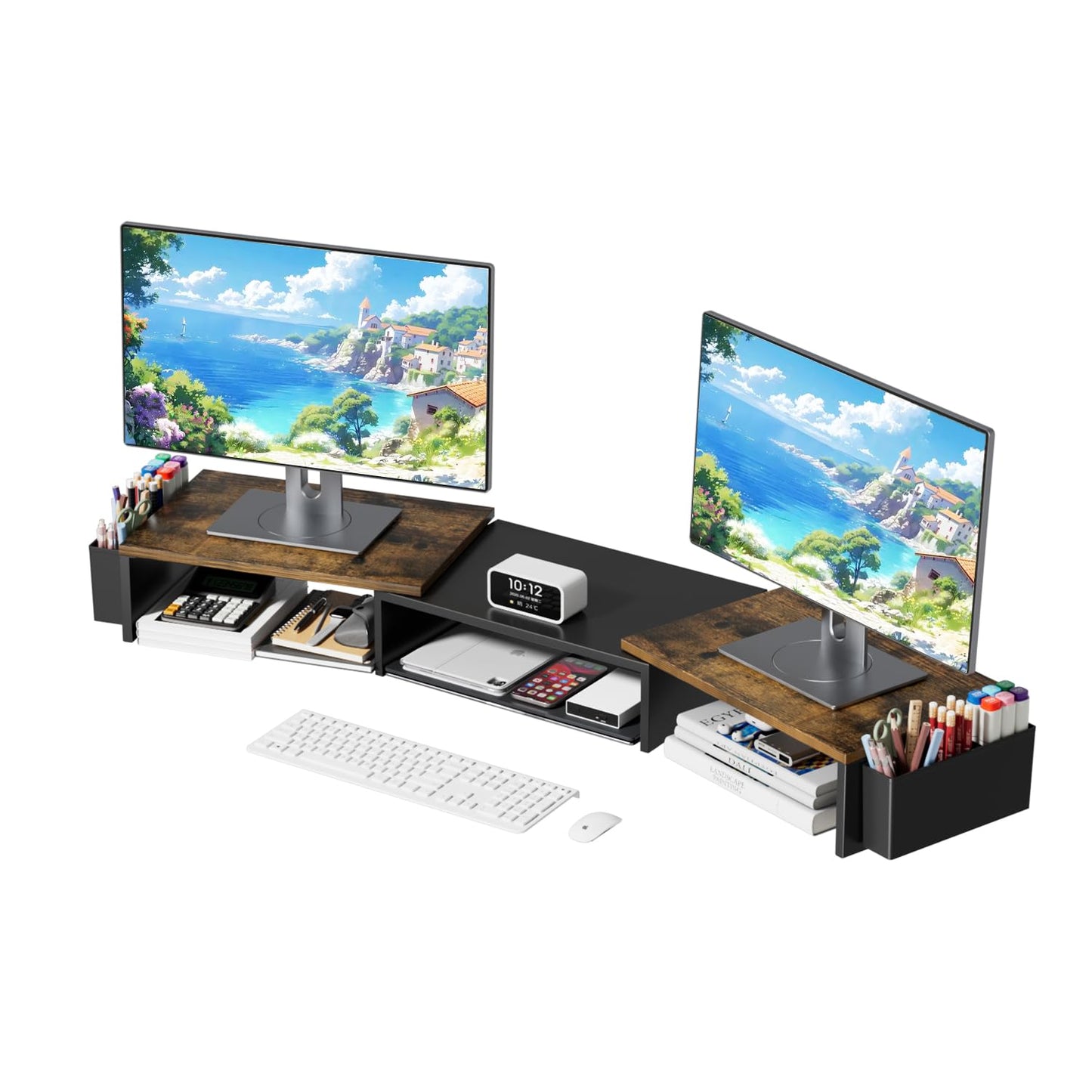 AUPSEN Dual Monitor Stand Riser with 2 Pen Holders, Desk Organizer, Brown