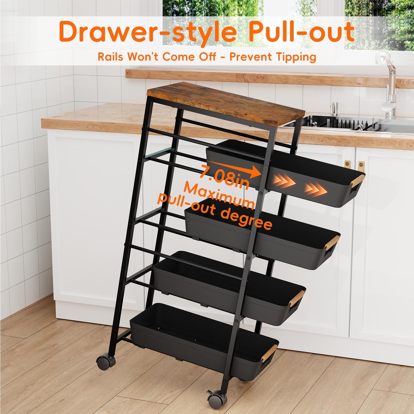 Landmok 5-Tier Slim Storage Cart, Wooden Top Rolling Kitchen Cart with Pull-Out Baskets & Wheels
