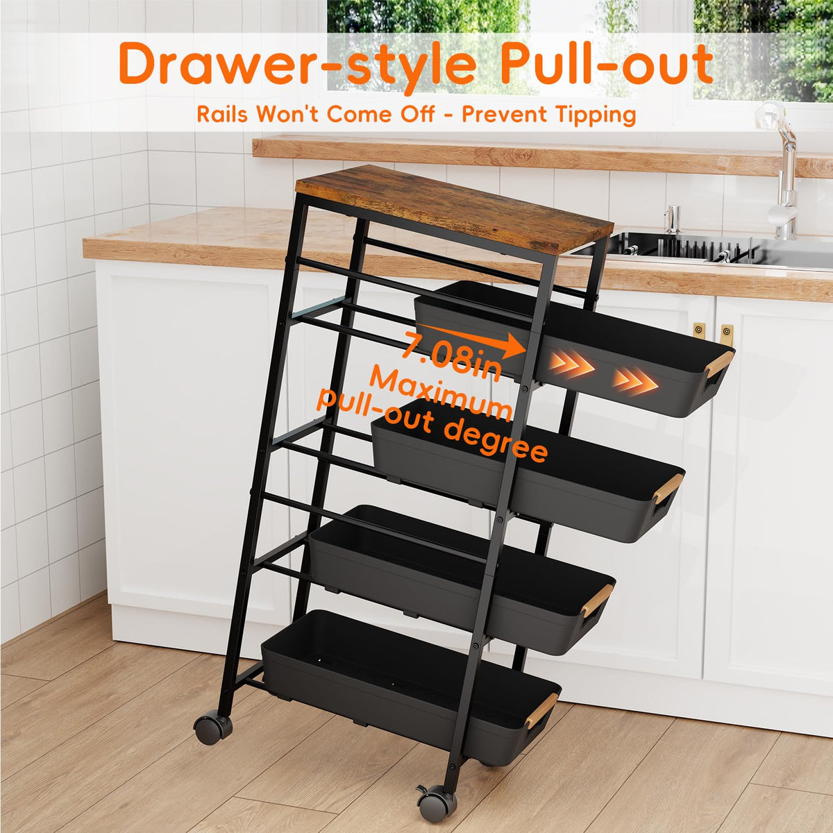 Landmok 5-Tier Slim Storage Cart, Wooden Top Rolling Kitchen Cart with Pull-Out Baskets & Wheels