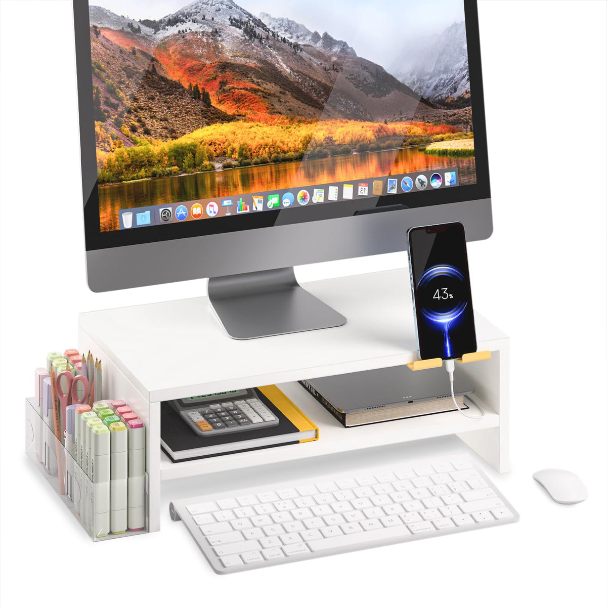 TEAMIX 2-Tier White Monitor Stand Riser with Phone Holder&Clear Pen Holder