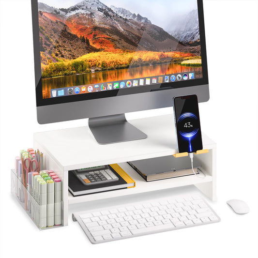 TEAMIX 2-Tier White Monitor Stand Riser with Phone Holder&Clear Pen Holder
