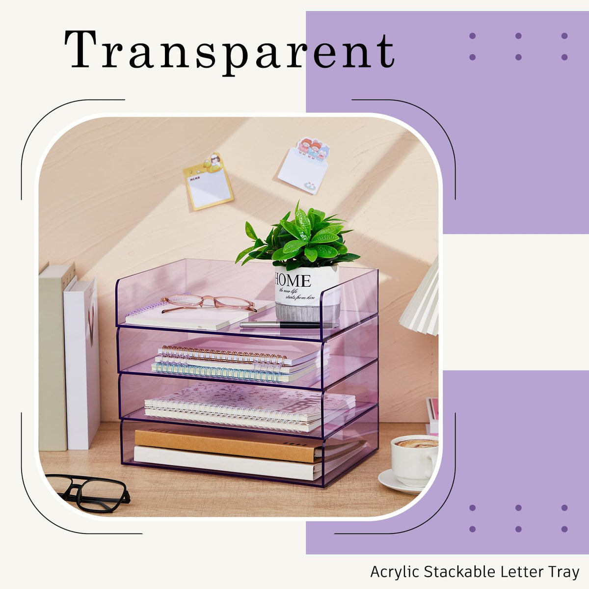 Harloon 4 Tier Paper Organizer Clear Purple Letter Tray Acrylic File Tray