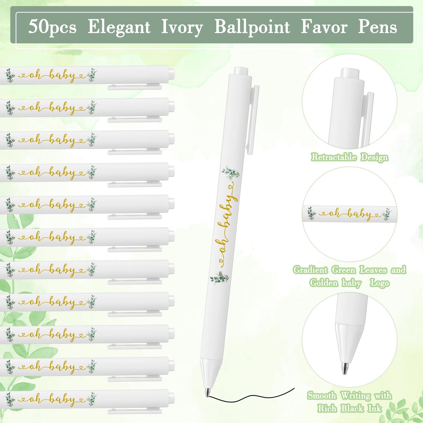 50 Set Baby Shower Pens Greenery Sage Ballpoint Pens with Woodland Cards