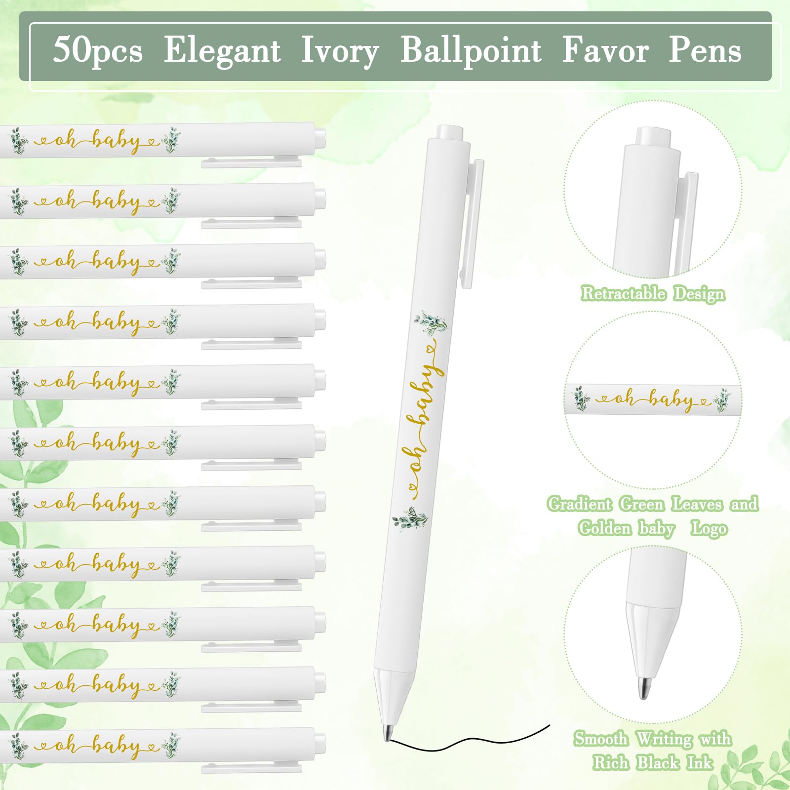 50 Set Baby Shower Pens Greenery Sage Ballpoint Pens with Woodland Cards