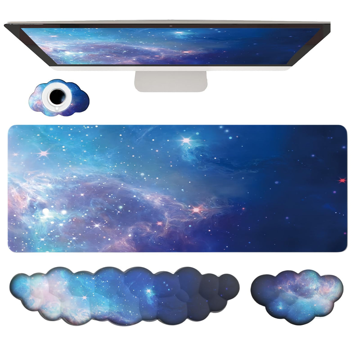 Cloud Wrist Rest Keyboard Galaxy Mouse Pad Set Gradient Blue Large Desk Mat Ergonomic Space Wrist