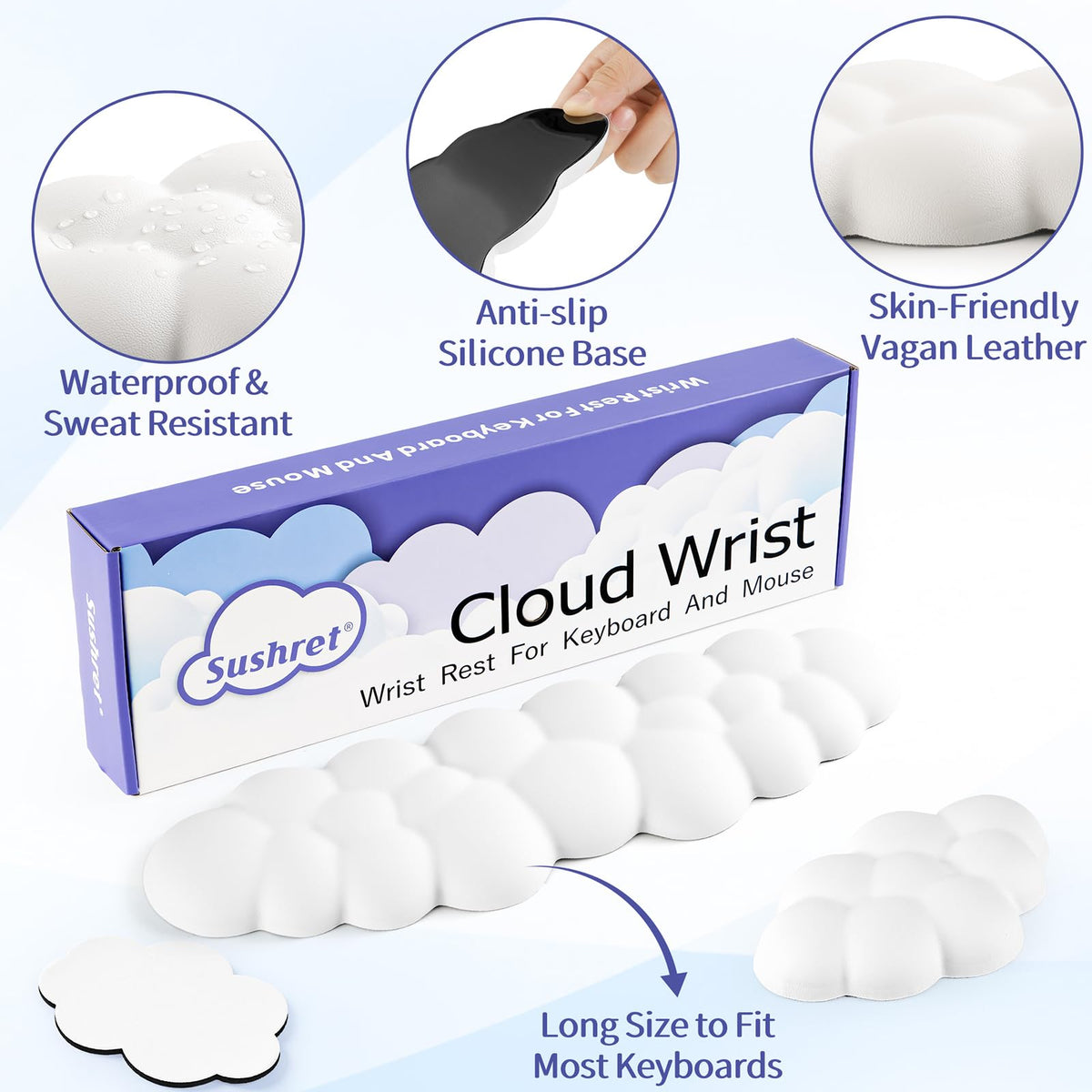Sushret Cloud Wrist Rest Keyboard, Cloud Keyboard Wrist Pad Set with PU Leather Memory Foam, Cute