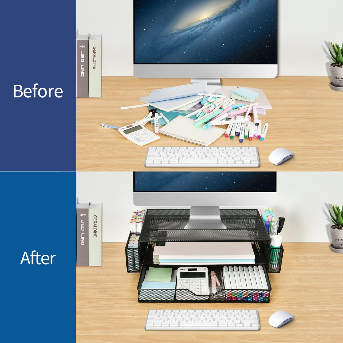AUPSEN 2 Tier Computer Monitor Stands with Drawer and 2 Pencil Holder, Metal Monitor Stand Monitor