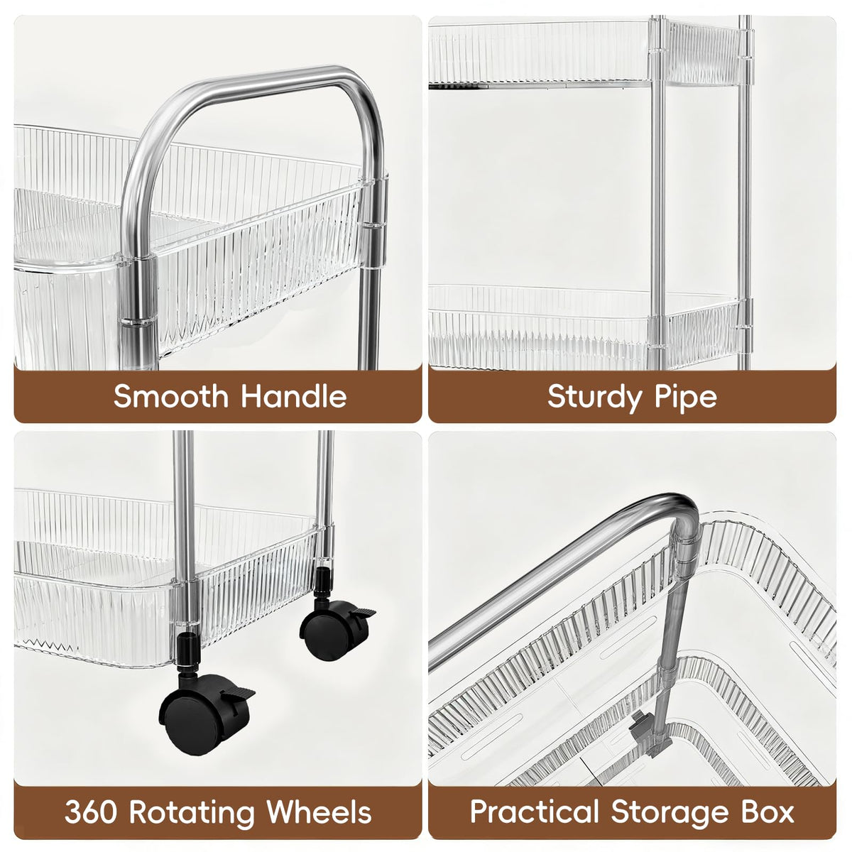 STARLATTA 3 Tier Rolling Cart with Lockable Wheels, Clear Acrylic Utility Trolley with Handle