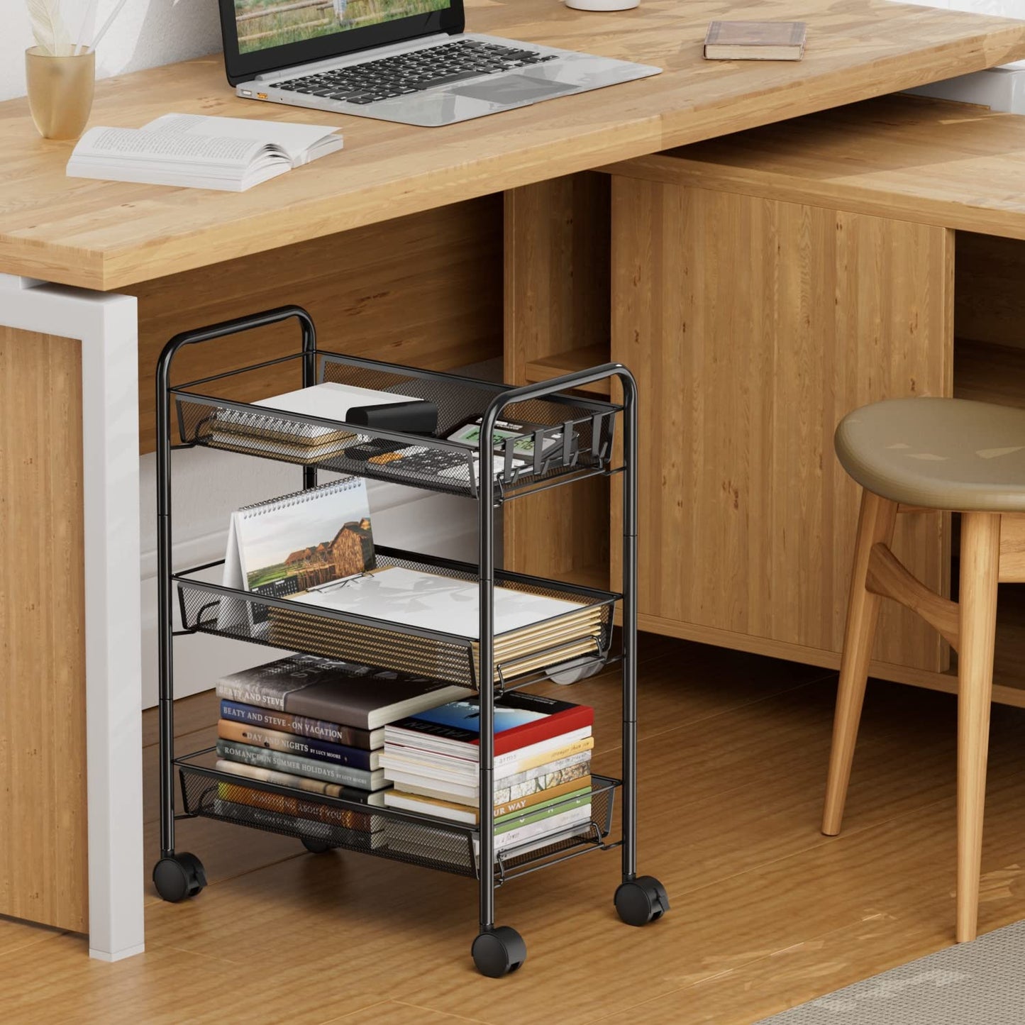 3-Tier Mesh Rolling Cart - 24.8" H Fits Under Desk Metal Cart with Wheel