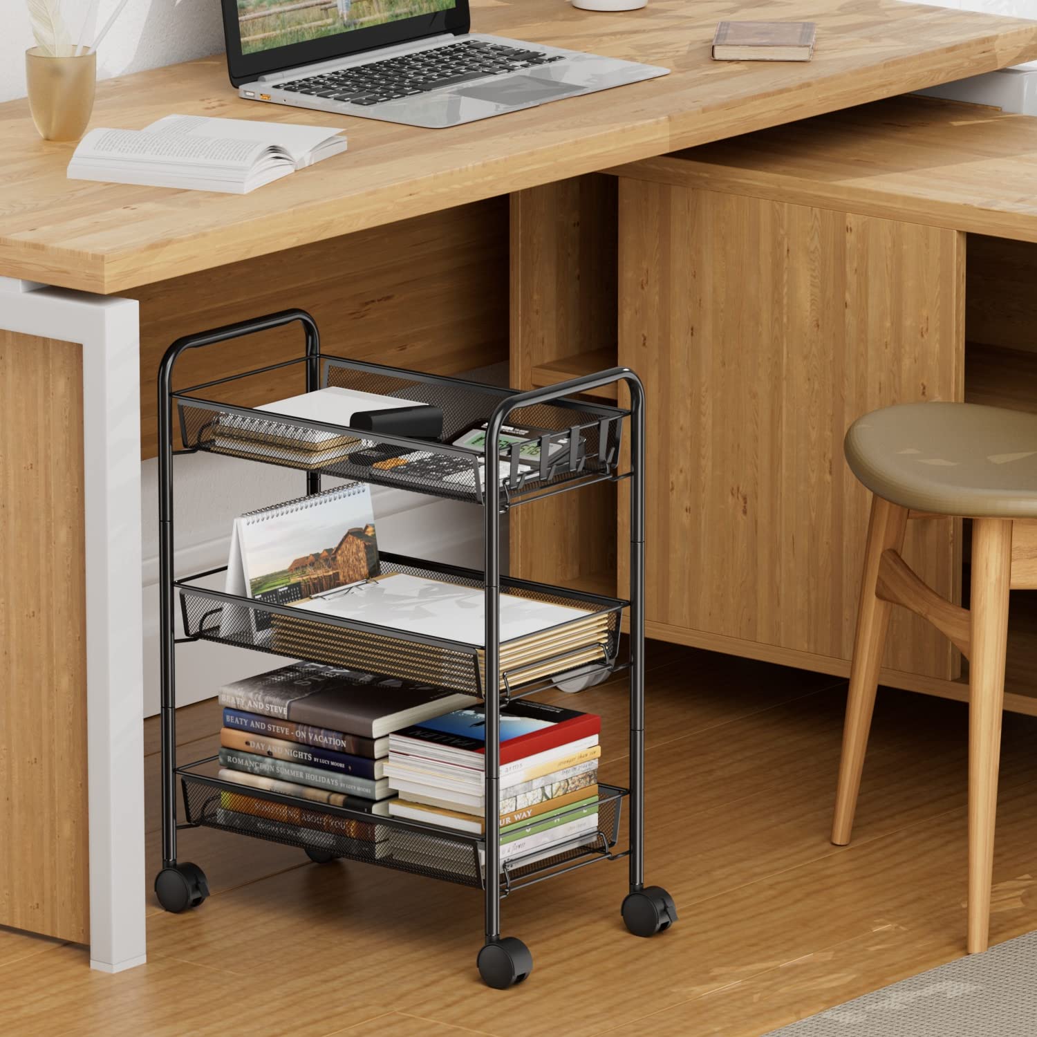 3-Tier Mesh Rolling Cart - 24.8" H Fits Under Desk Metal Cart with Wheel