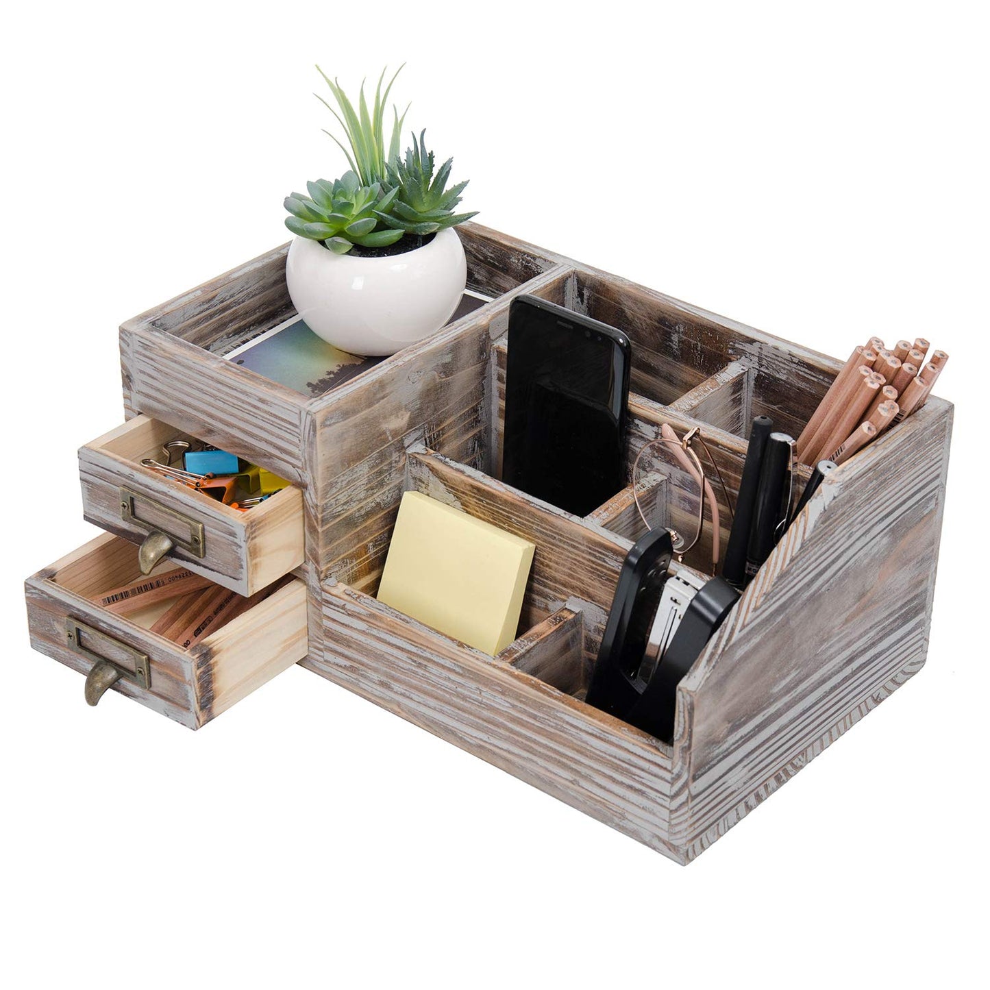 Liry Products Rustic Torched Wooden Desktop Organizer Dark Brown Tabletop Storage Cabinet Stepped