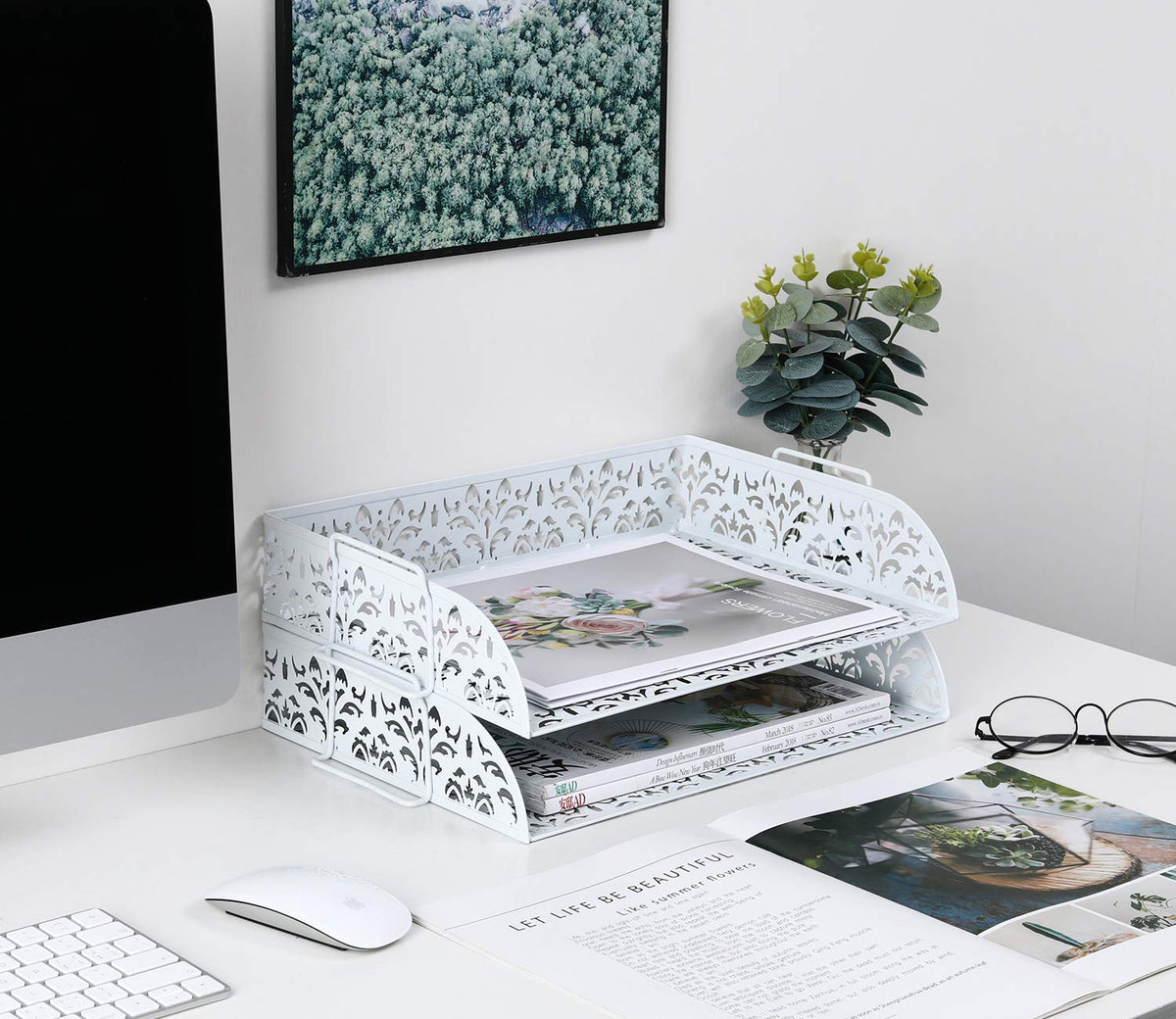 PAG-Mass 2 Tier Desktop File Organizer Metal Stackable Letter Tray Paper Holder Rack for Desk, White