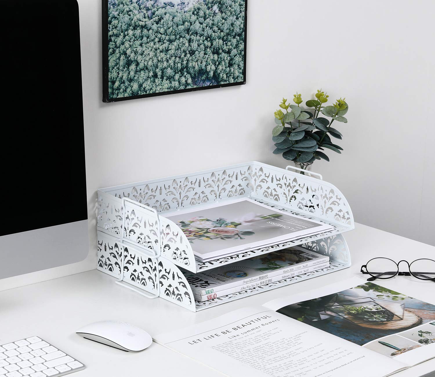 PAG-Mass 2 Tier Desktop File Organizer Metal Stackable Letter Tray Paper Holder Rack for Desk, White