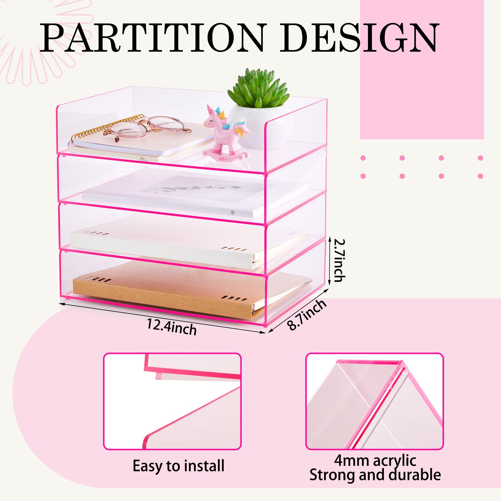 Harloon 4 Tier Paper Organizer Letter Tray Pink Acrylic Desk File Organizer Heavy Duty Stackable
