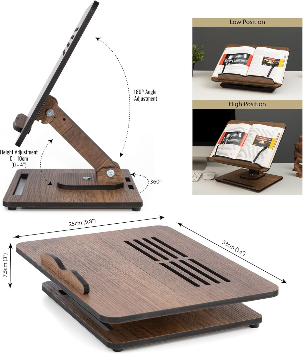 Vigo Wood 360° Rotating Book Stand, Tilt and Height Adjustable Laptop and Cookbook Holder, Foldable