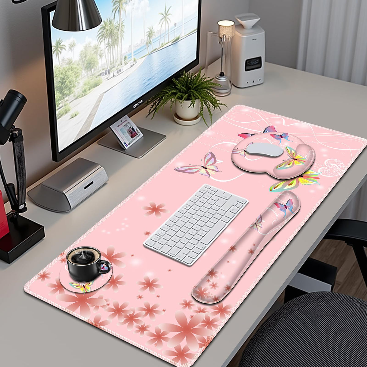 Peach Pink Butterflies Florals Mouse Pad, XXL Large Desk Mat Extended Reading Desk pad, 4 PCS