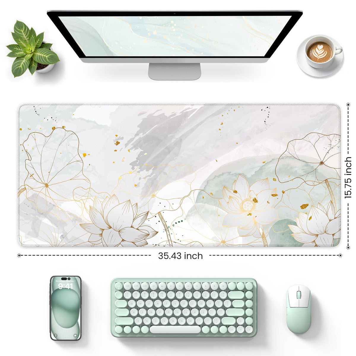iCasso Desk Cover Mat, Extra Large Lotus Mouse Pad, Green Lotus Leaf