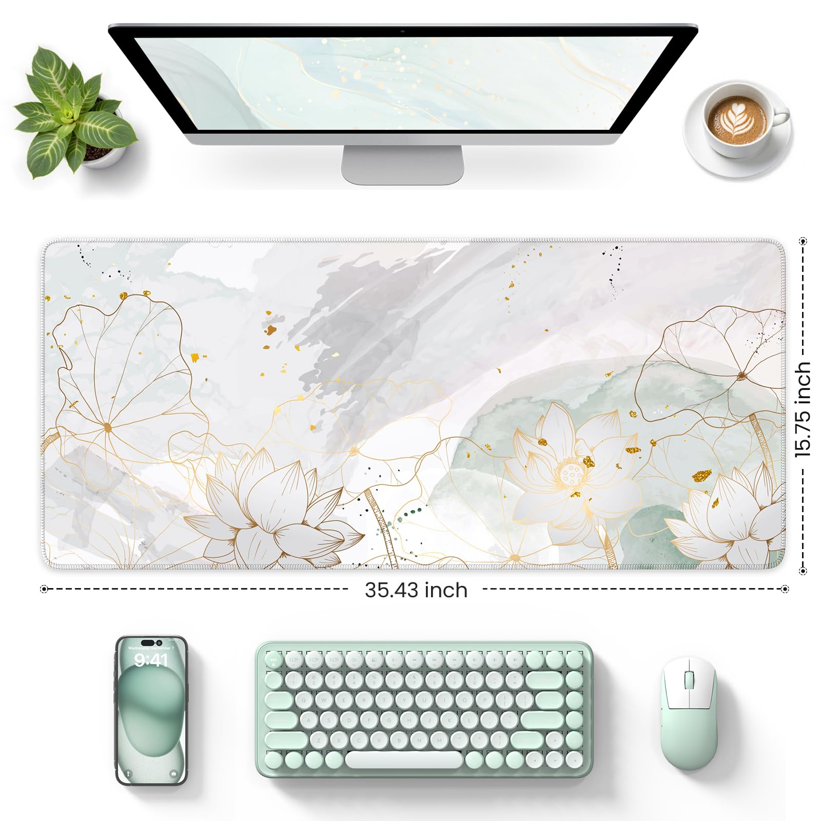 iCasso Desk Cover Mat, Extra Large Lotus Mouse Pad, Green Lotus Leaf