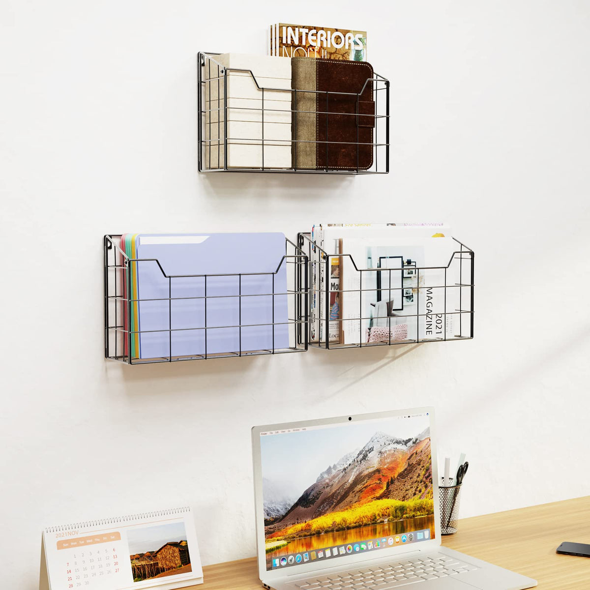 Univivi 3 Pack Wall File Organizer Rack 14 inch Hanging File Holder, Black