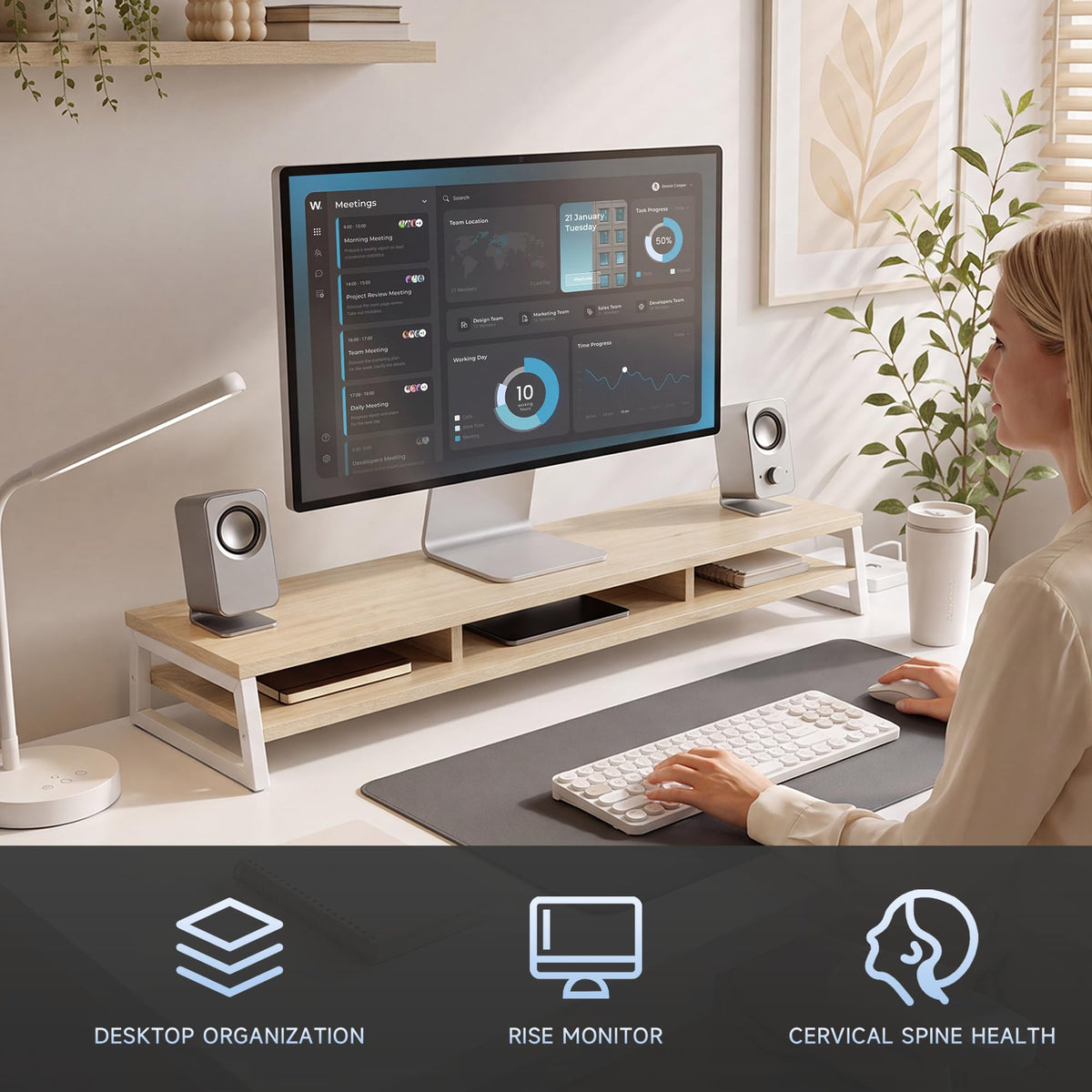 Fenge Dual Monitor Riser for Desk, Open Shelf with 3 Storage Compartments