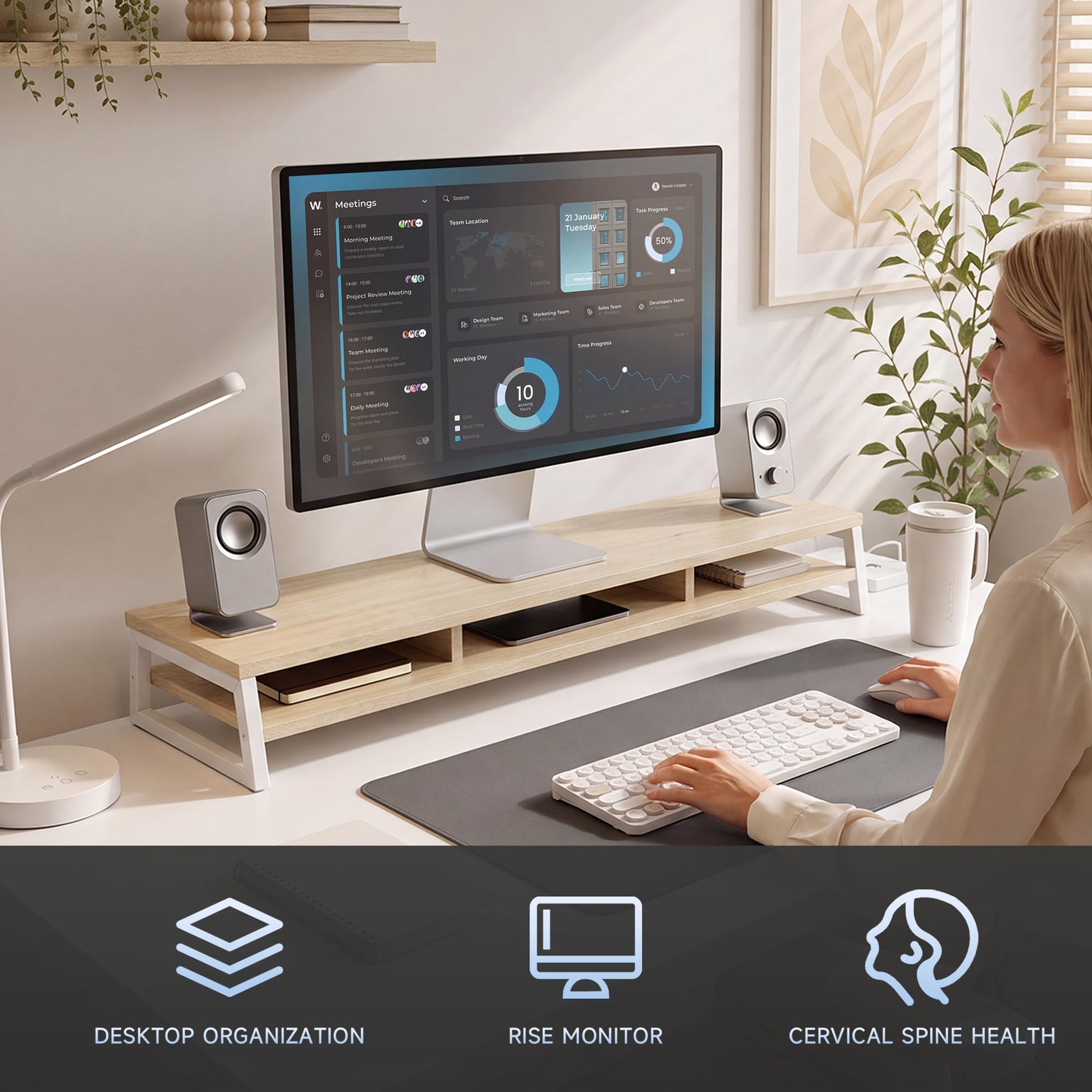 Fenge Dual Monitor Riser for Desk, Open Shelf with 3 Storage Compartments