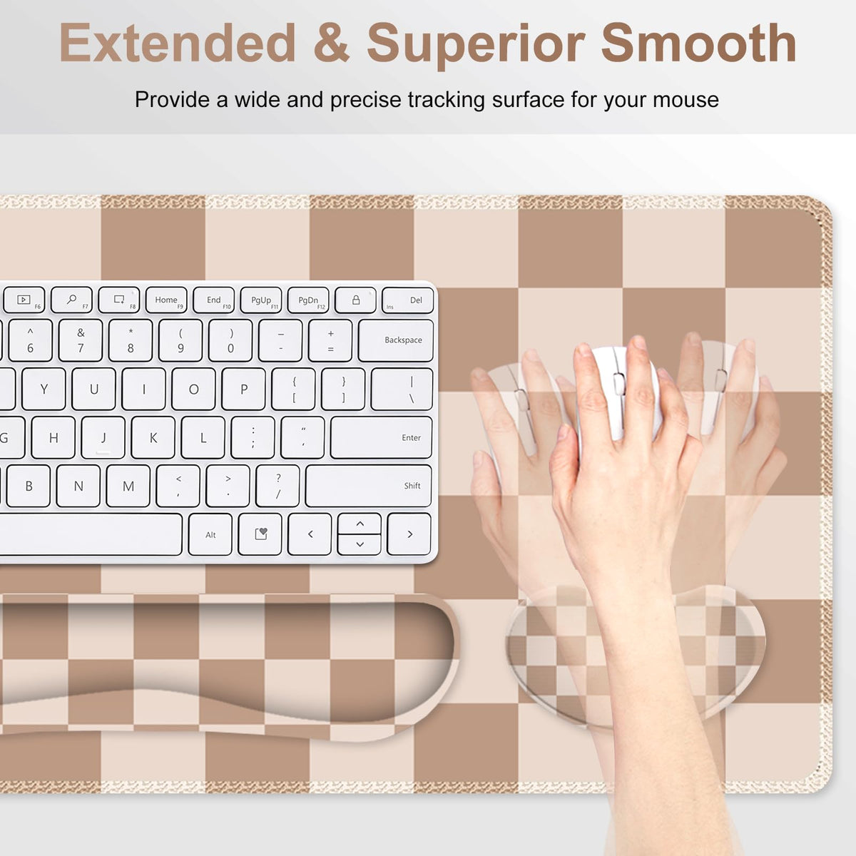 Beige Khaki Checkered Mouse Pad Set, 4 in1 Large Gaming Ergonomics Keyboard Desk Mat with Memory
