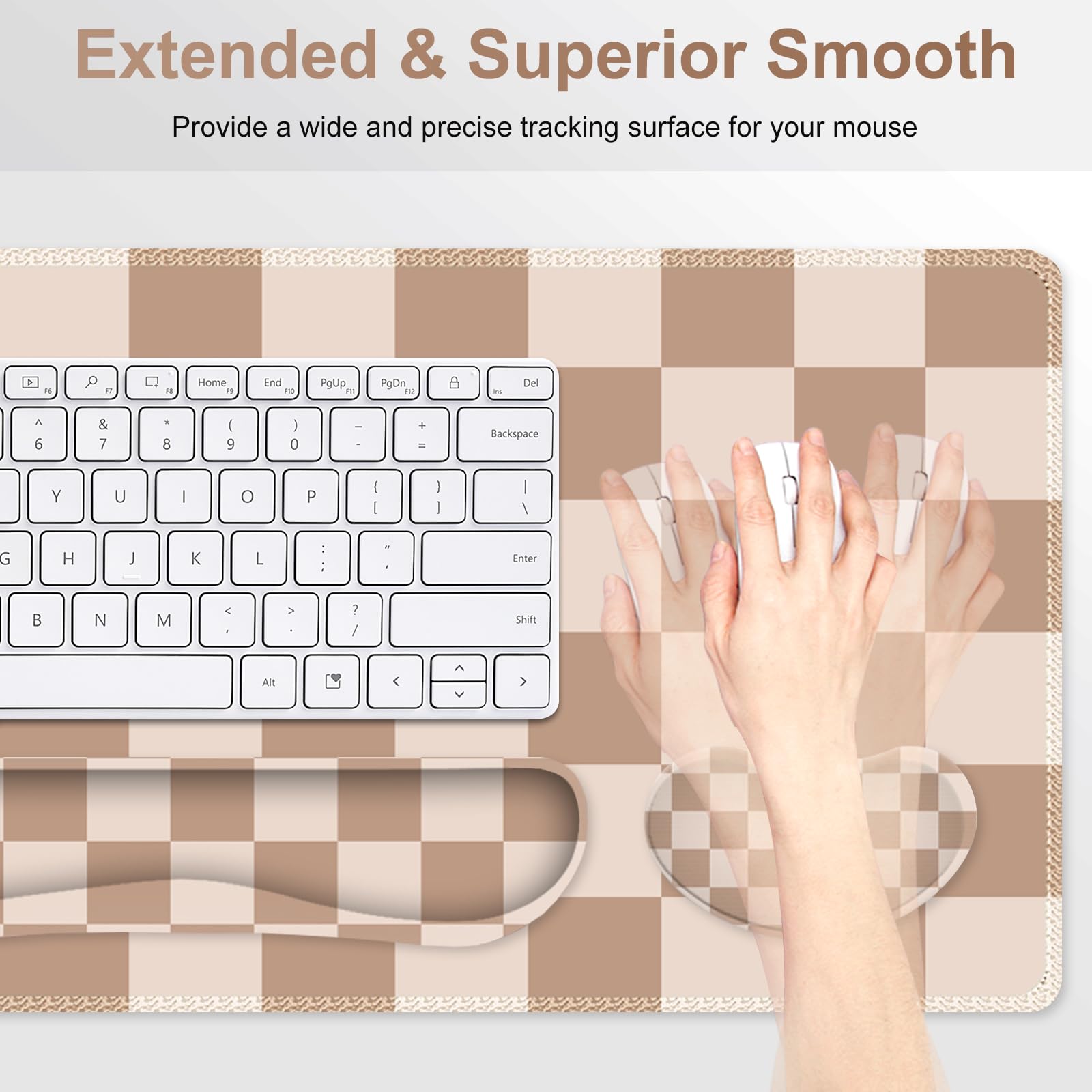 Beige Khaki Checkered Mouse Pad Set, 4 in1 Large Gaming Ergonomics Keyboard Desk Mat with Memory