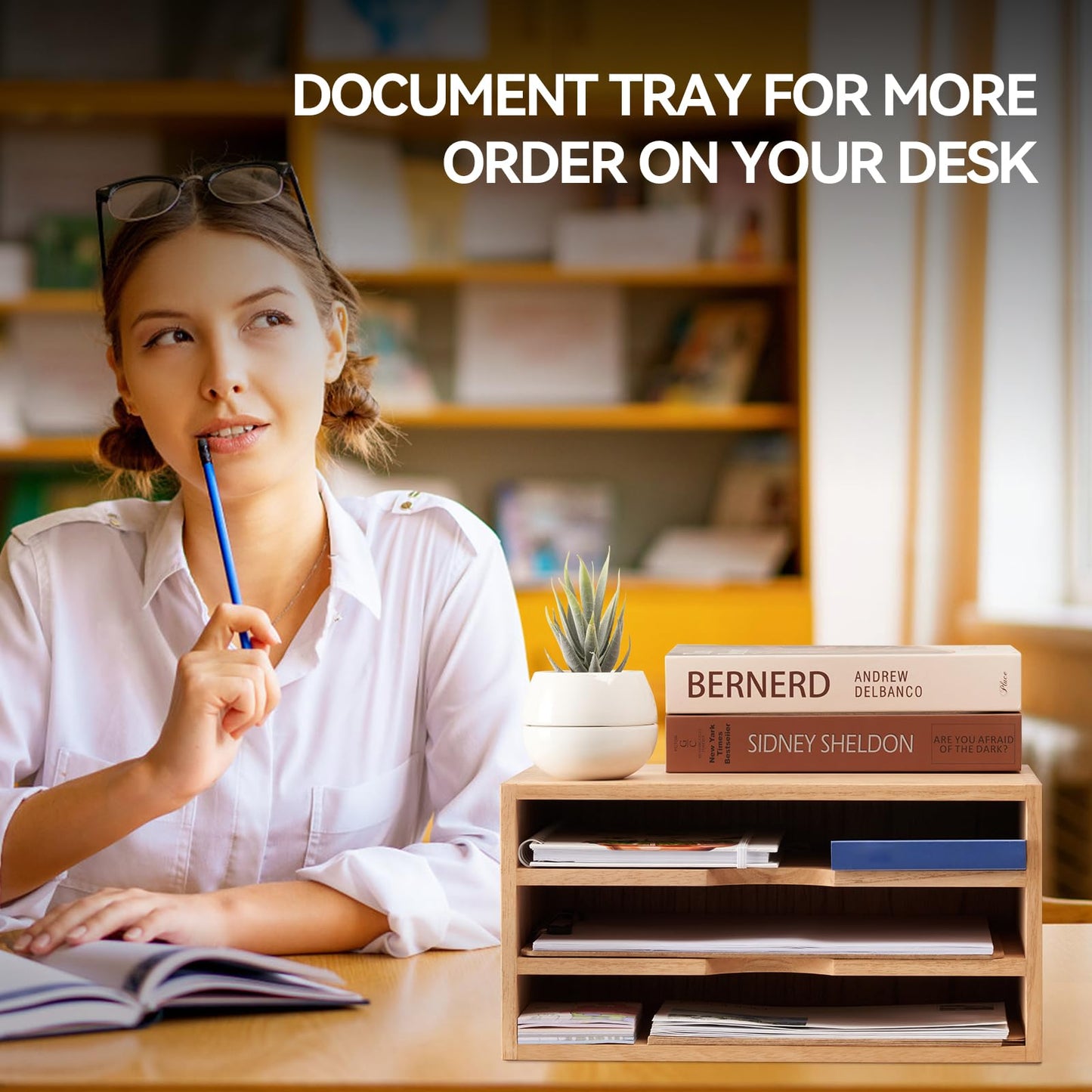 KIRIGEN Wooden Desk Organizer 3-Tier Letter Tray and Paper Sorter, Natural