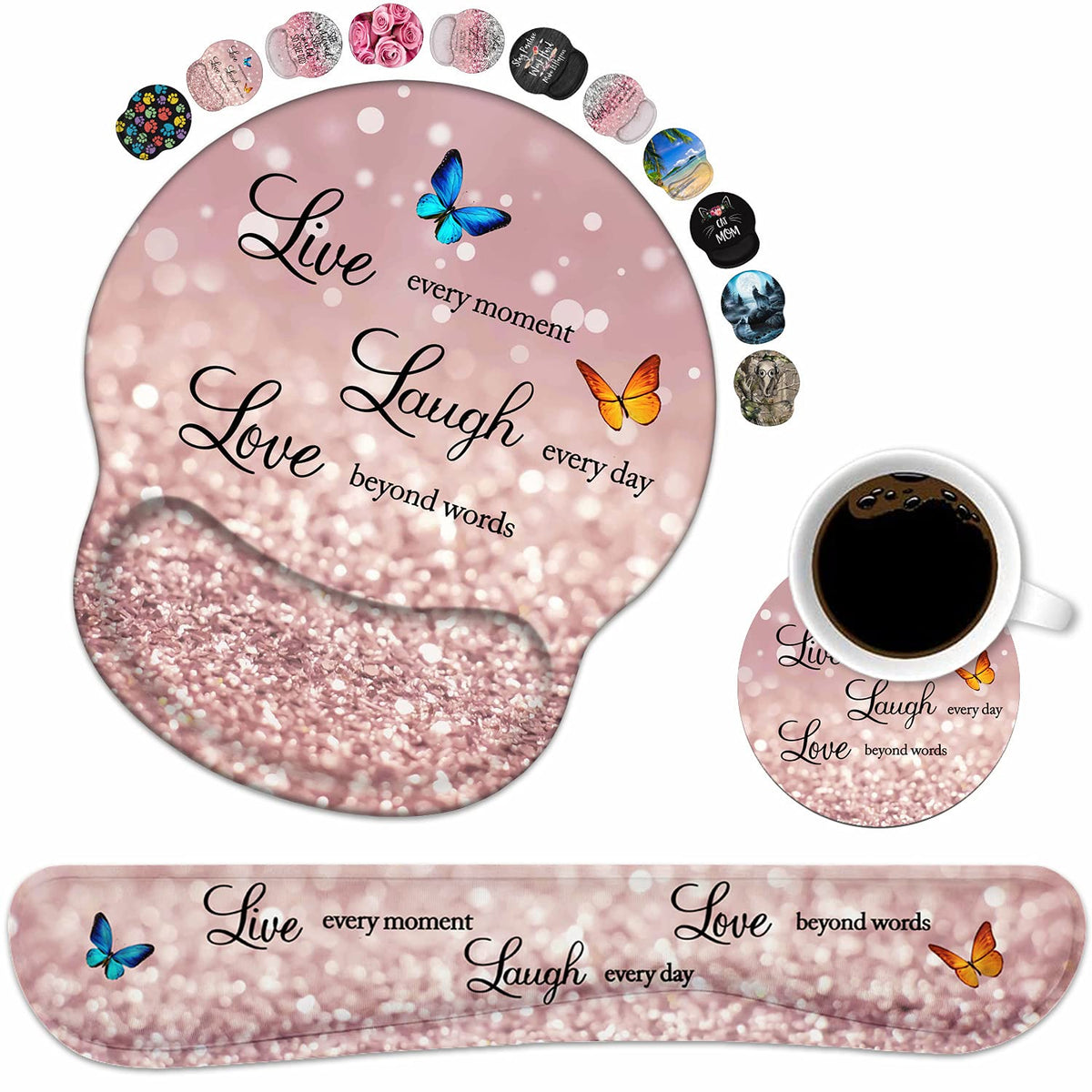 Keyboard Wrist Rest and Mouse Pad Wrist Support Set with Coasters, Non-Slip PU Base Ergonomic