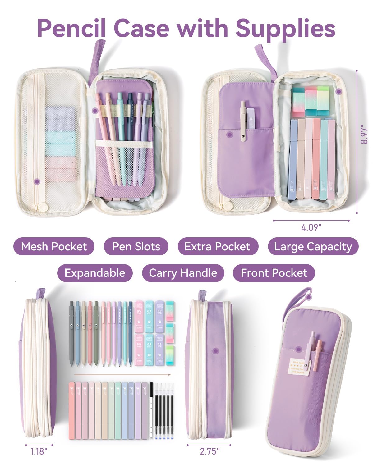 Four Candies School Supplies with Cute Pencil Case, 39ct, Purple
