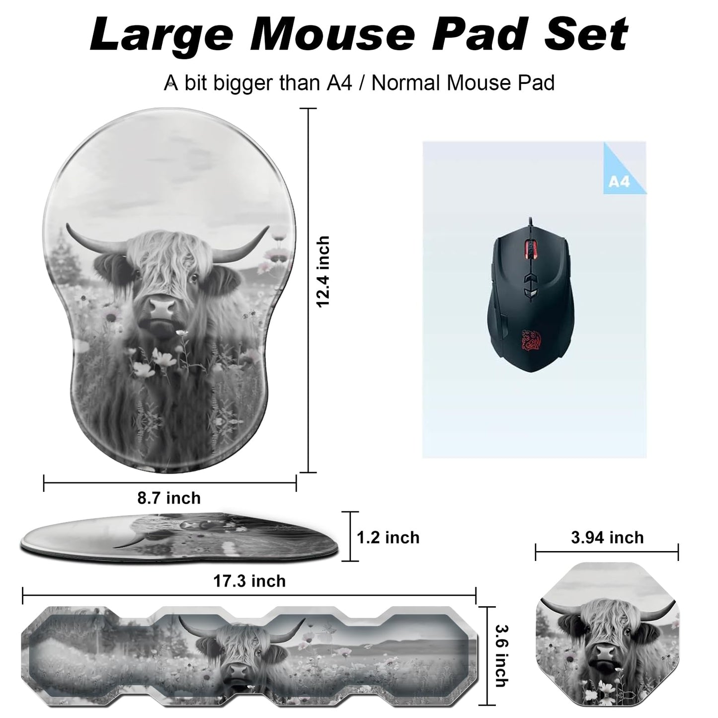 Ergonomic Mouse Pad with Wrist Support and Keyboard Wrist Rest Set + Coaster,Cute Mouse Pads Non