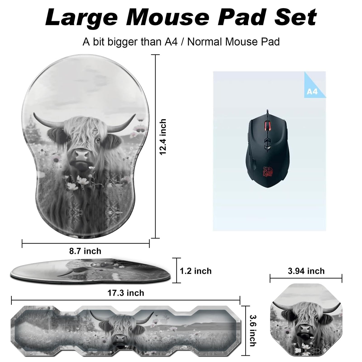 Ergonomic Mouse Pad with Wrist Support and Keyboard Wrist Rest Set + Coaster,Cute Mouse Pads Non