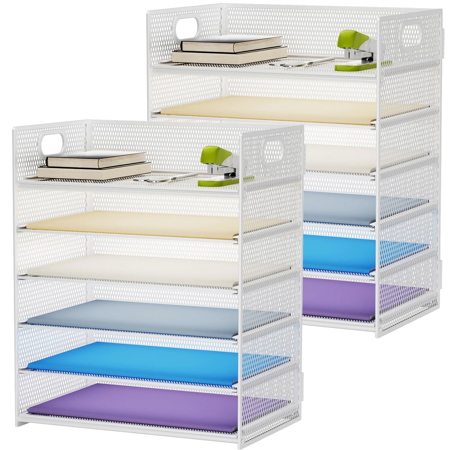 Marbrasse 2 Pack Desk Organizer with Handle, 6 Tier Paper Letter Tray, Mesh Desk File Organizer for