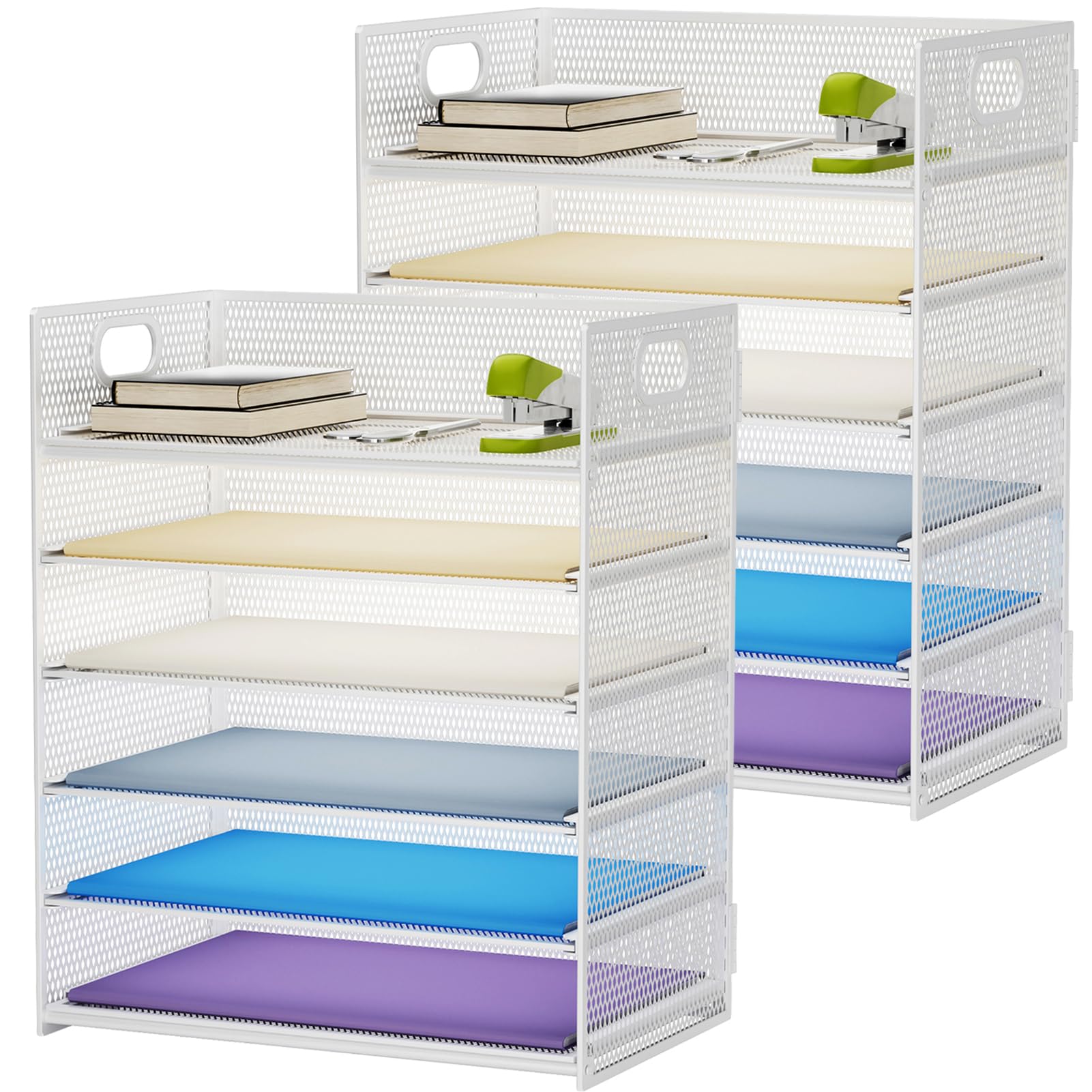 Marbrasse 2 Pack Desk Organizer with Handle, 6 Tier Paper Letter Tray, Mesh Desk File Organizer for