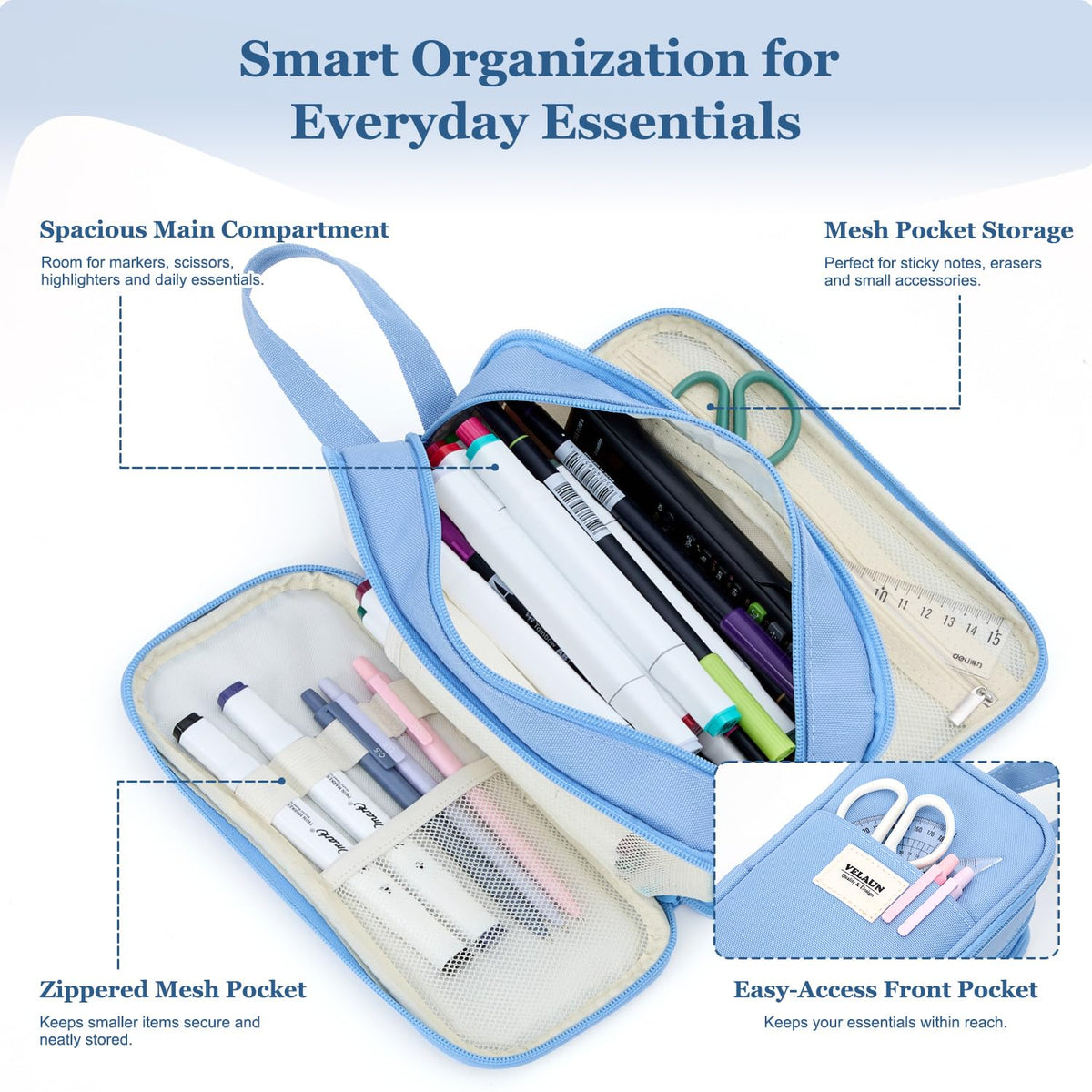 VELAUN Pencil Case Pouch, Large Capacity Pencil Box Bag, Aesthetic Pen Organizer for School
