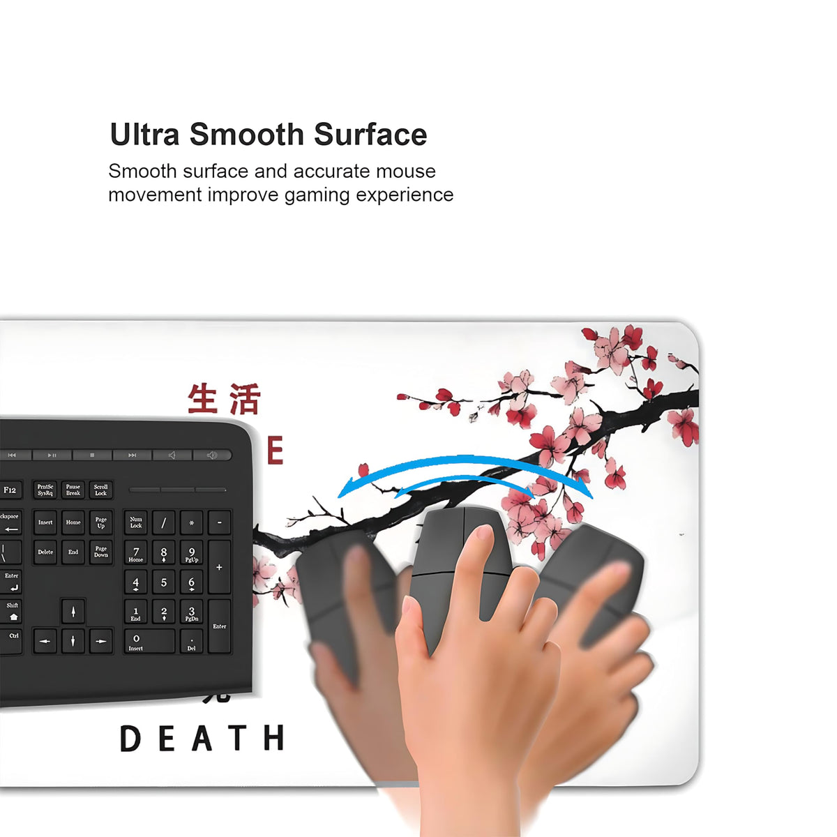 Floral Aesthetic Cherry Blossom Gaming Mouse Pad, Black White Japanese Desk Mat with Anti-Slip Base
