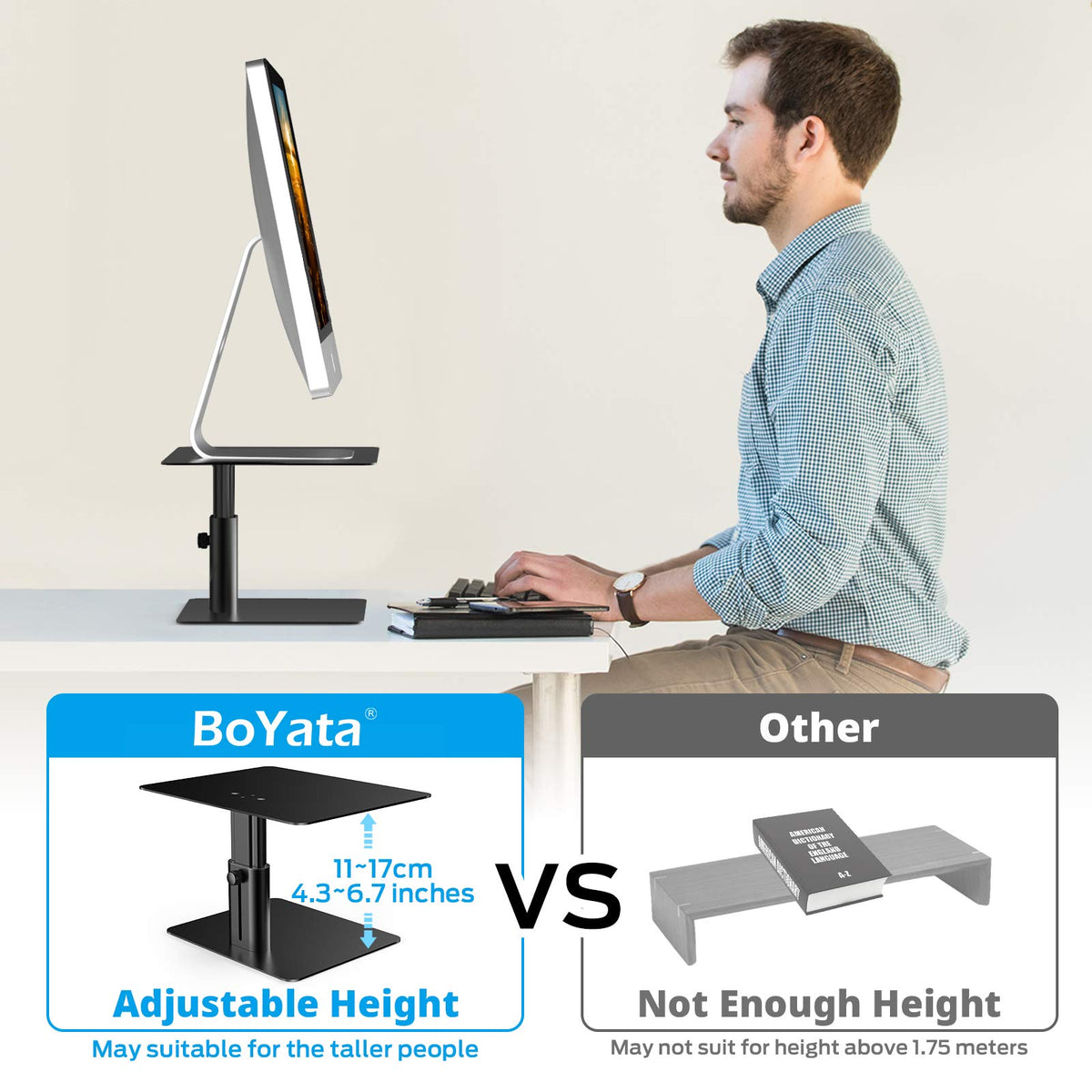 BoYata Monitor Stand, Adjustable Height Metal Desktop Riser, Black