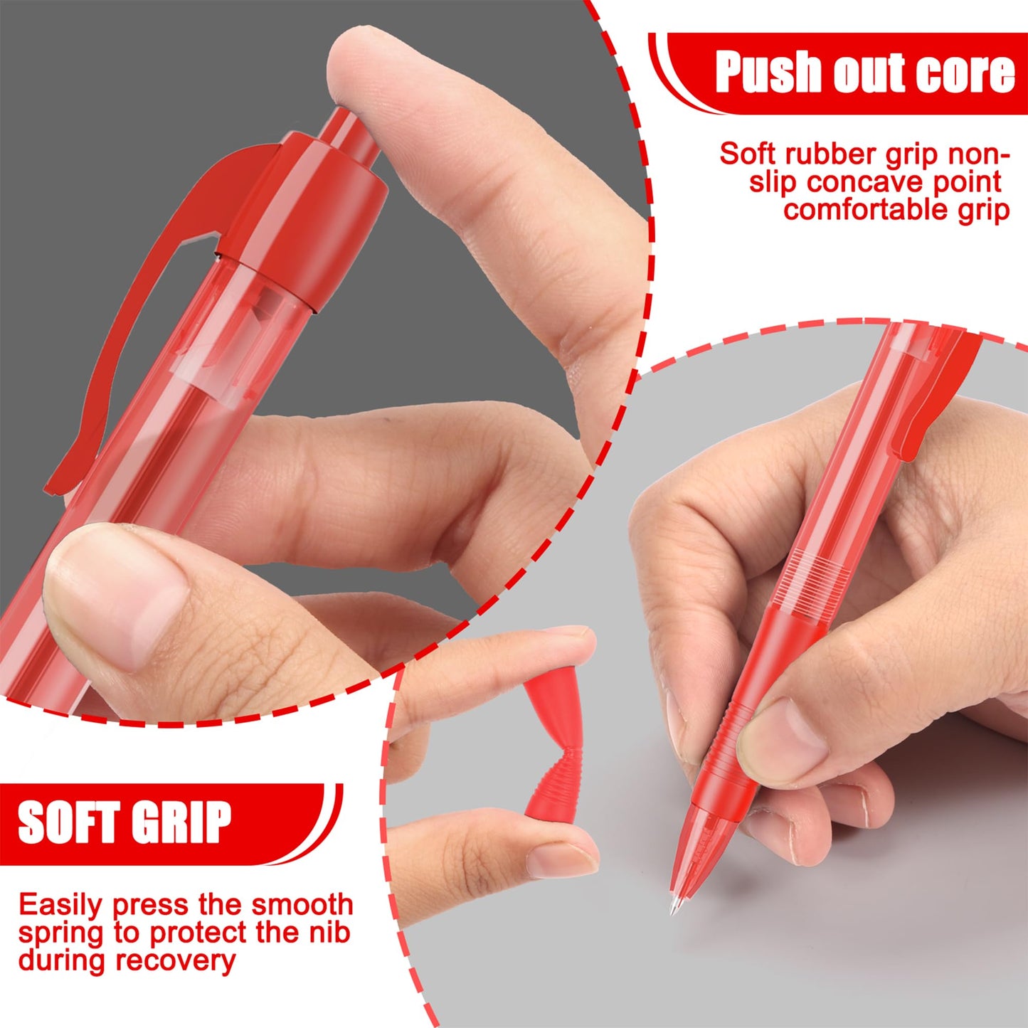 deegtran Pens Bulk, 50 Pack No Bleed Red Ink Click Pens with Soft Grip, Wholesale Retractable