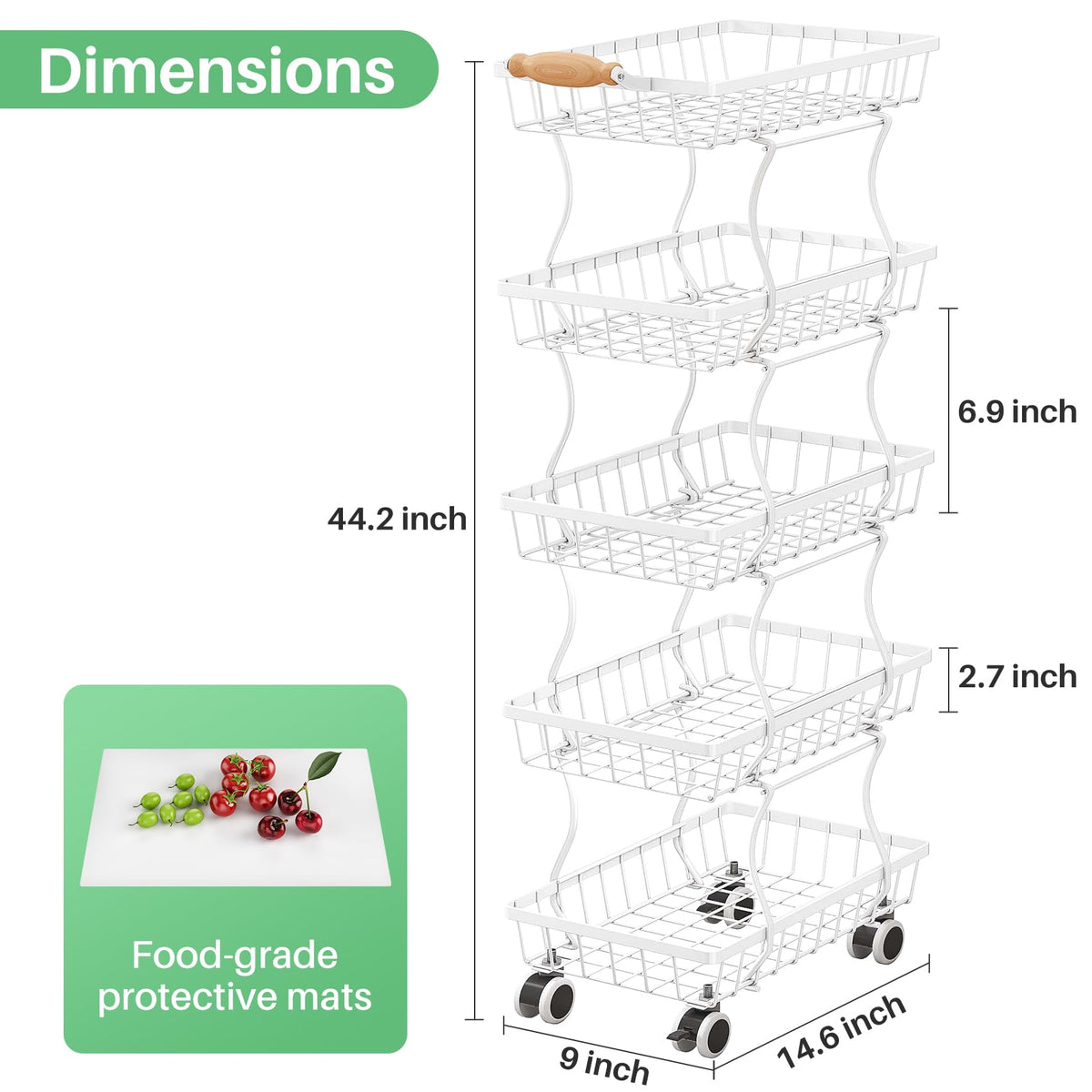 SAYZH 5-Tier Fruit Basket Stand with Vegetable Baskets for Kitchen, White
