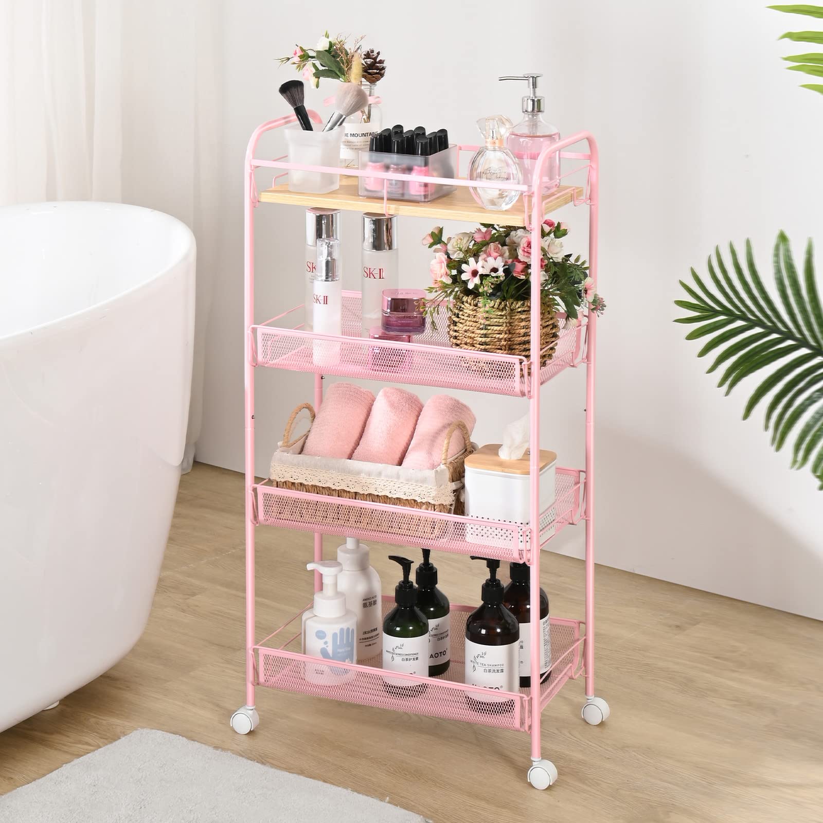 KINGRACK 4-Tier Metal Rolling Utility Cart, Pink, Flexible, Sturdy, Easy Assembly, Anti-Rust