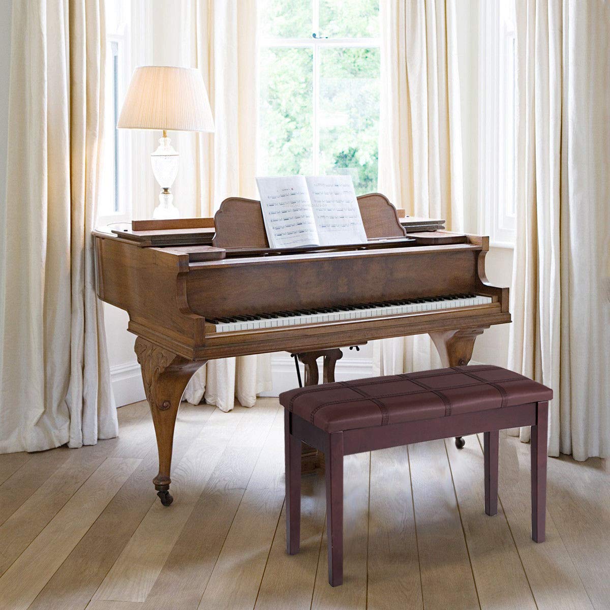 Giantex Duet Piano Bench with Storage, Keyboard Bench with Padded Cushion, Solid Wood Legs, Storage