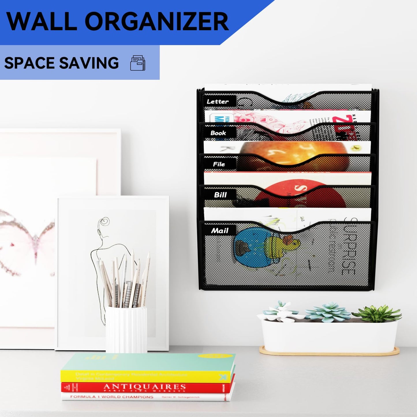 GDINDINFAN 5 Pockets Hanging Wall File Organizer Mail Holder, Wall Mounted Paper Document Folder